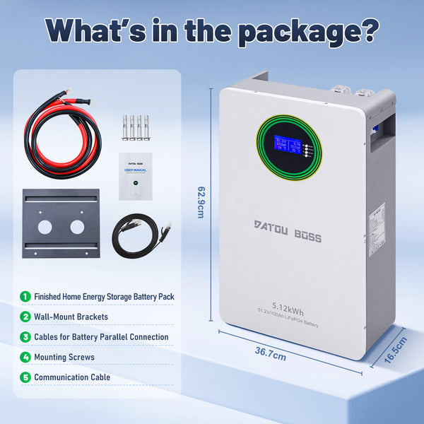DATOUBOSS 51.2V 100Ah LiFePO4 Battery, 5.12kWh, 100A BMS , Wall - Mounted ,for Solar Home RV Energy Storage - DATOUBOSS Rechargeable Lifepo4 Batteries Voltage Converters InverterSP-DT-48100BG-A-EU
