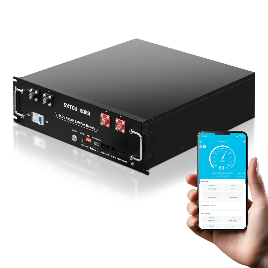 DATOUBOSS Batterie LiFePO4 à montage en rack 51,2 V 100 Ah 5,12 kWh GradeA + cellules BMS intégré Communication CAN/RS485 avec application Bluetooth pour système solaire domestique de voiture RV