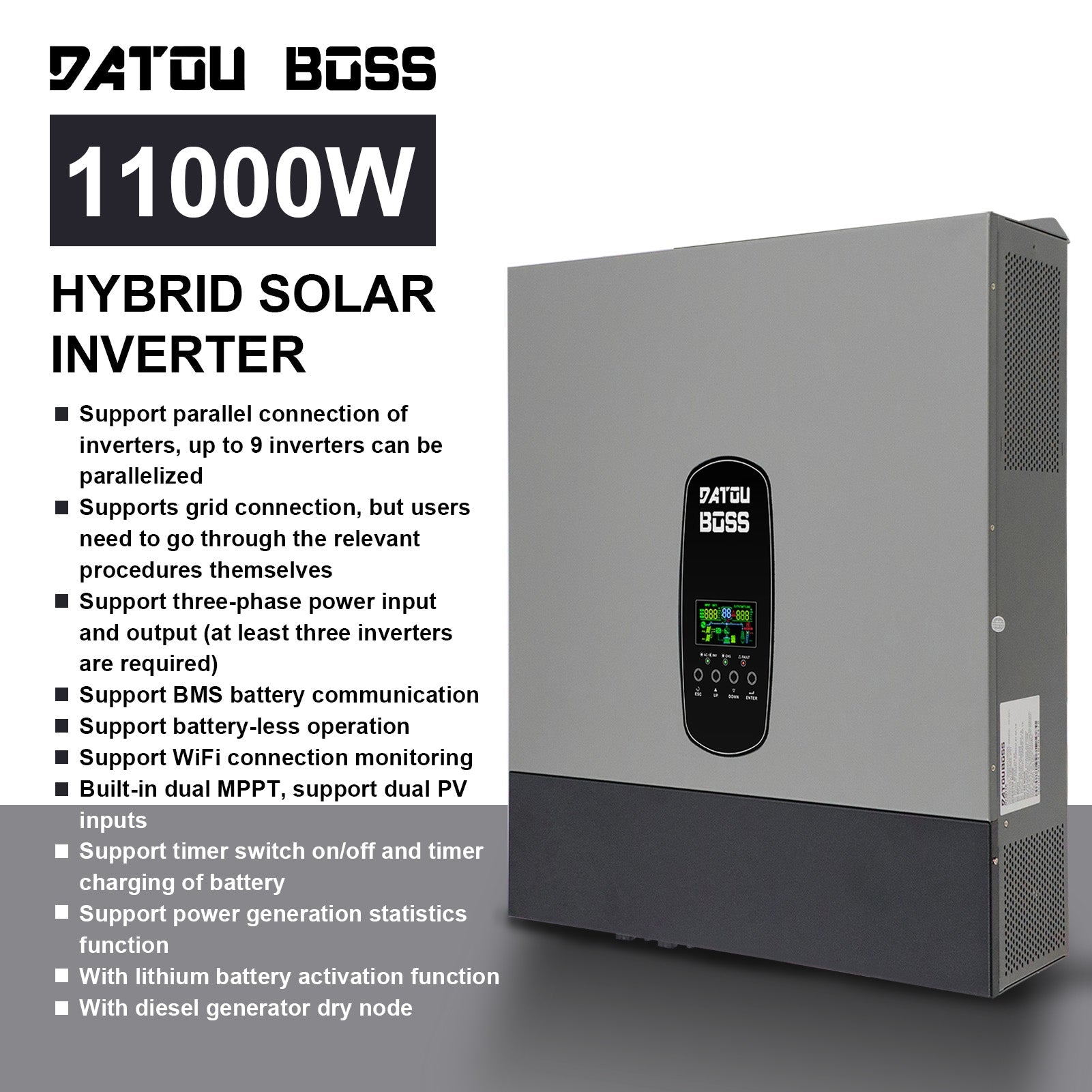 DATOUBOSS 11KW Hybrid Inverter supports three-phase power output, parallel connection, and diesel generator input