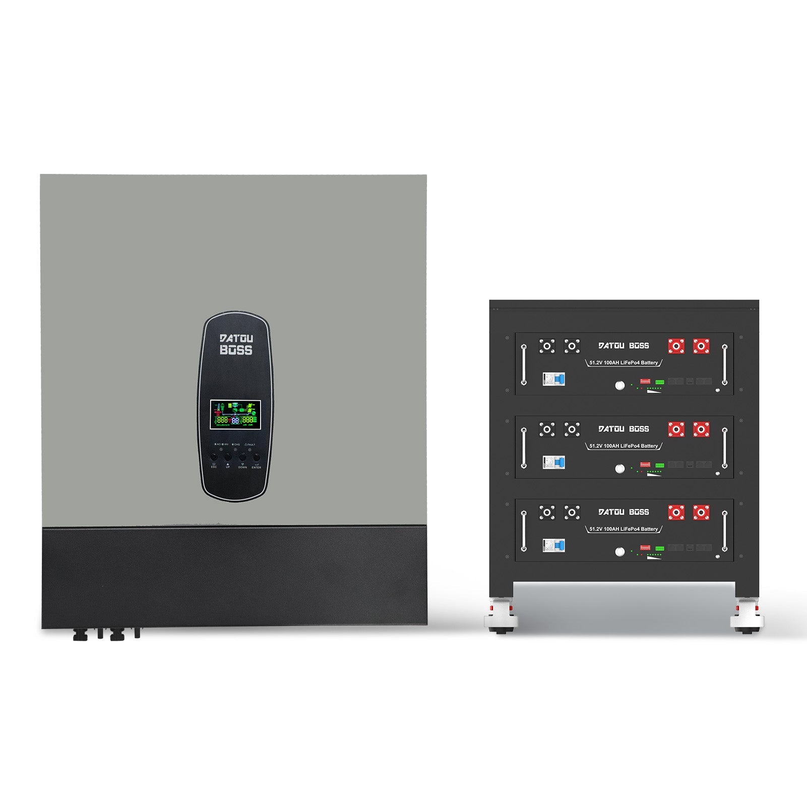 DATOUBOSS 15.36kWh solar storage system with hybrid inverter and three 51.2V 100Ah LiFePO4 rack batteries