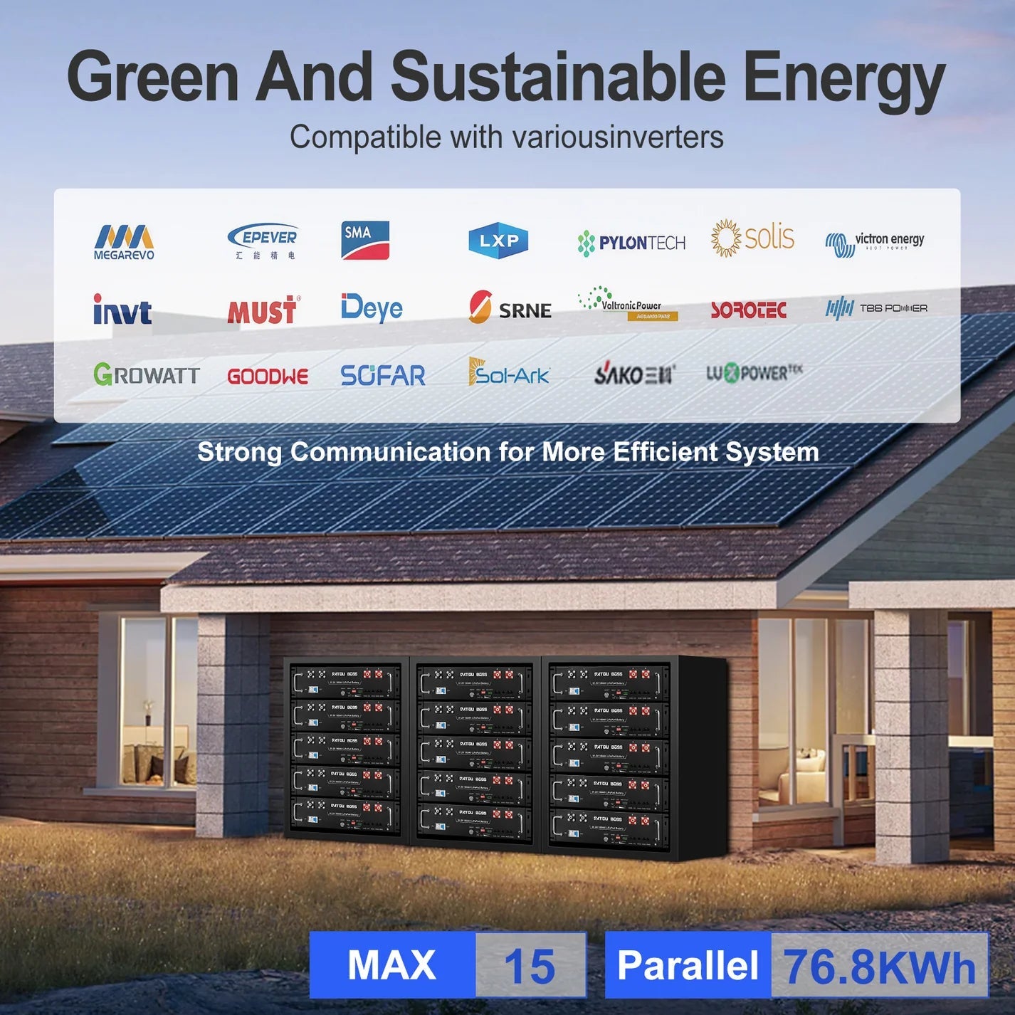 DATOUBOSS rack battery with strong communication for Victron, Growatt, and Deye inverters, max 76.8kWh capacity