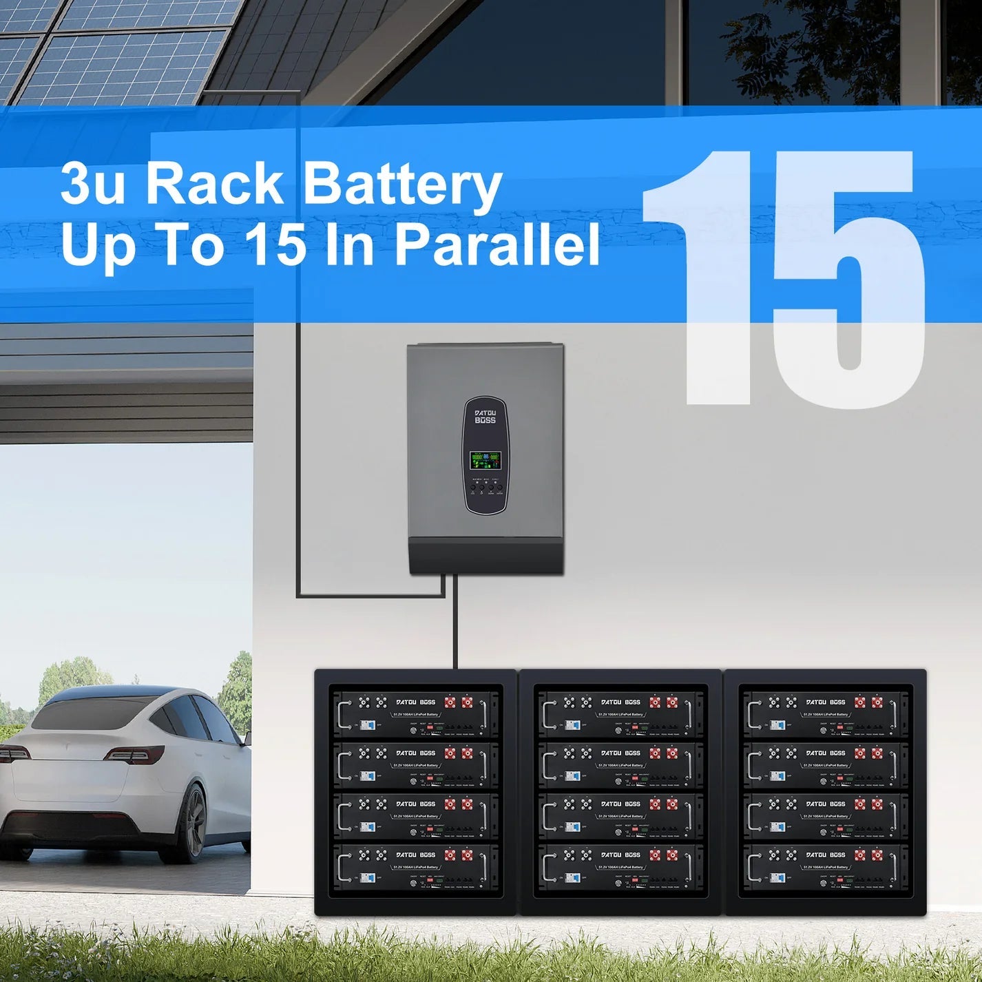 DATOUBOSS 51.2V 100Ah rack mount battery, expandable up to 15 units in parallel for high-capacity solar backup