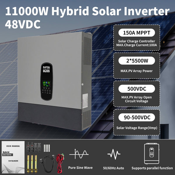DATOUBOSS 11000W Hybrid Solar Inverter 48VDC with 150A MPPT controller, supports parallel function and pure sine wave
