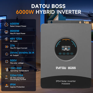 DATOUBOSS 6000W Solar Hybrid Inverter with IP54 dust & water protection, designed for durable indoor and semi - outdoor installation. 48V DC to 230V AC output, 120A MPPT, 8500W PV input, battery - free operation, BMS protection - DATOUBOSS Rechargeable Lifepo4 Batteries Voltage Converters InverterSP-DT-4860BF-A-UA