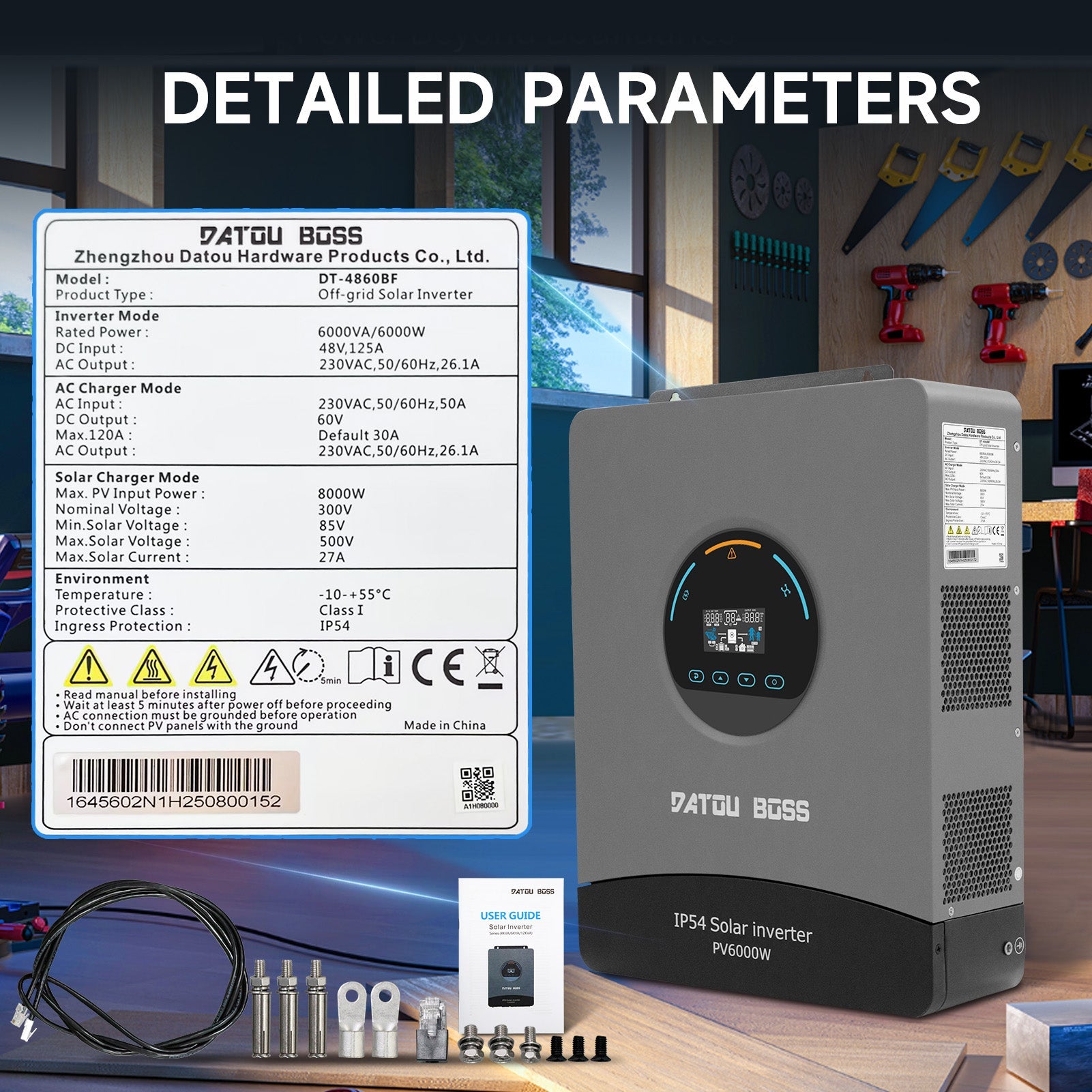 DATOUBOSS 6000W Solar Hybrid Inverter with IP54 dust & water protection, designed for durable indoor and semi - outdoor installation. 48V DC to 230V AC output, 120A MPPT, 8500W PV input, battery - free operation, BMS protection - DATOUBOSS Rechargeable Lifepo4 Batteries Voltage Converters InverterSP-DT-4860BF-A-UA
