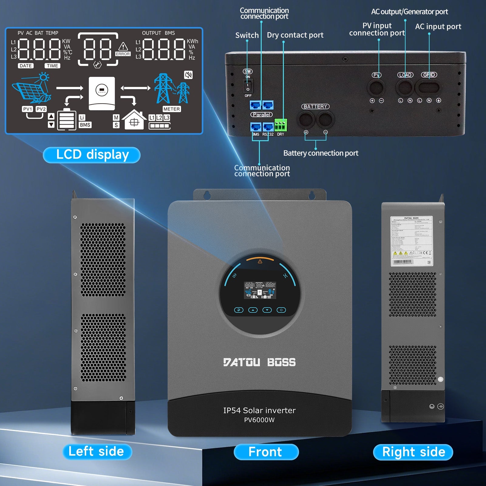 DATOUBOSS 6000W Solar Hybrid Inverter with IP54 dust & water protection, designed for durable indoor and semi - outdoor installation. 48V DC to 230V AC output, 120A MPPT, 8500W PV input, battery - free operation, BMS protection - DATOUBOSS Rechargeable Lifepo4 Batteries Voltage Converters InverterSP-DT-4860BF-A-UA