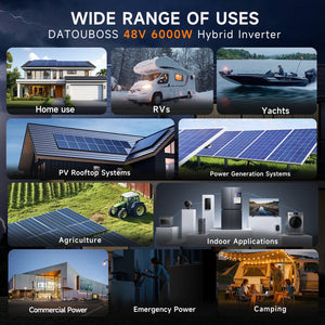 DATOUBOSS 6000W Solar Hybrid Inverter with IP54 dust & water protection, designed for durable indoor and semi - outdoor installation. 48V DC to 230V AC output, 120A MPPT, 8500W PV input, battery - free operation, BMS protection - DATOUBOSS Rechargeable Lifepo4 Batteries Voltage Converters InverterSP-DT-4860BF-A-UA