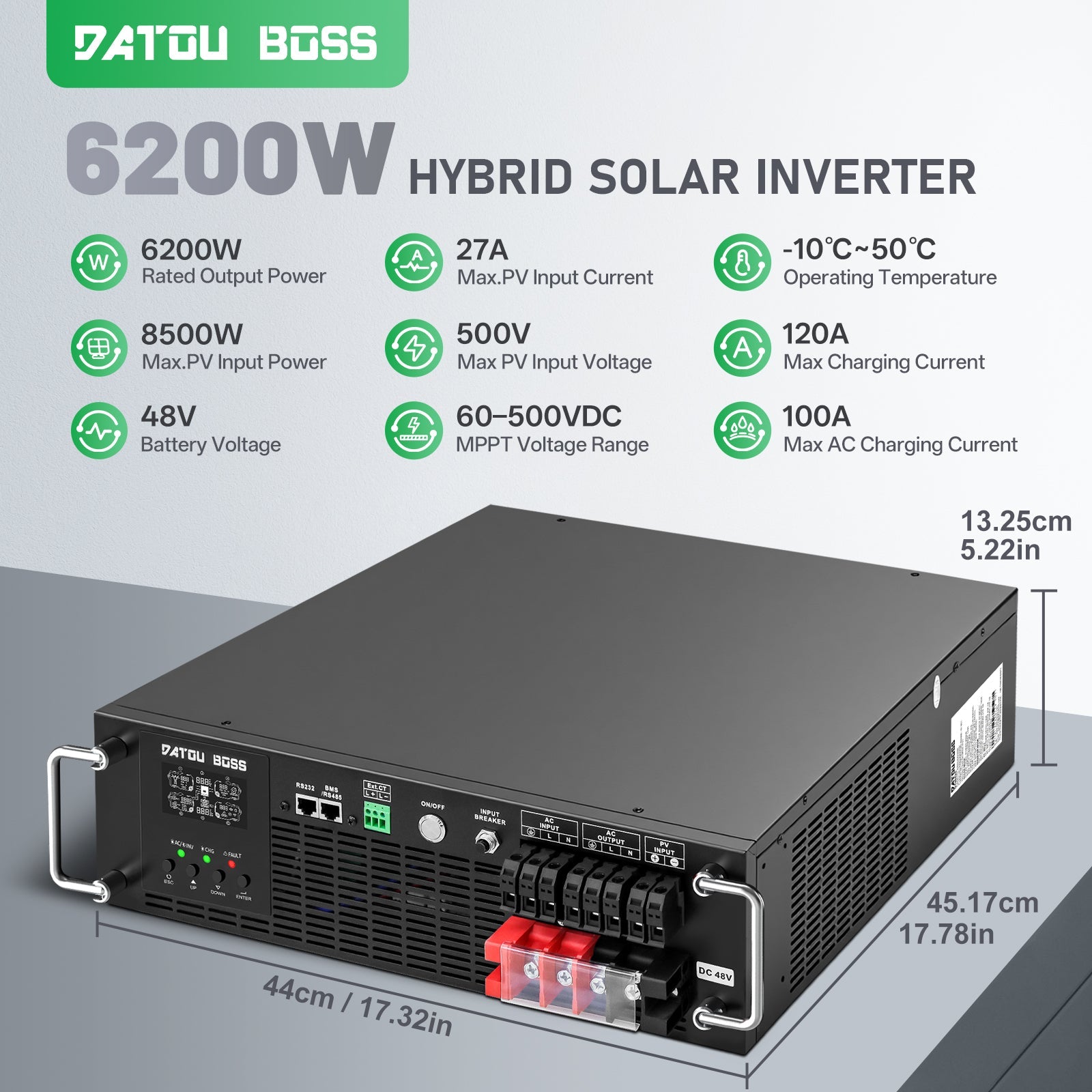 DATOUBOSS 6200W Pure Sine Wave Solar Hybrid Inverter, 48VDC to 230VAC, 120A MPPT, 8500W PV Input, 3U Rack Mount, Built-in UPS Function, Battery-Free Operation, 27A PV Input, BMS Communication, Anti-Backflow Protection, Off-Grid & Grid-Connected Compatible - DATOUBOSS Rechargeable Lifepo4 Batteries Voltage Converters InverterSP-DT-3U-4862S-A-EU