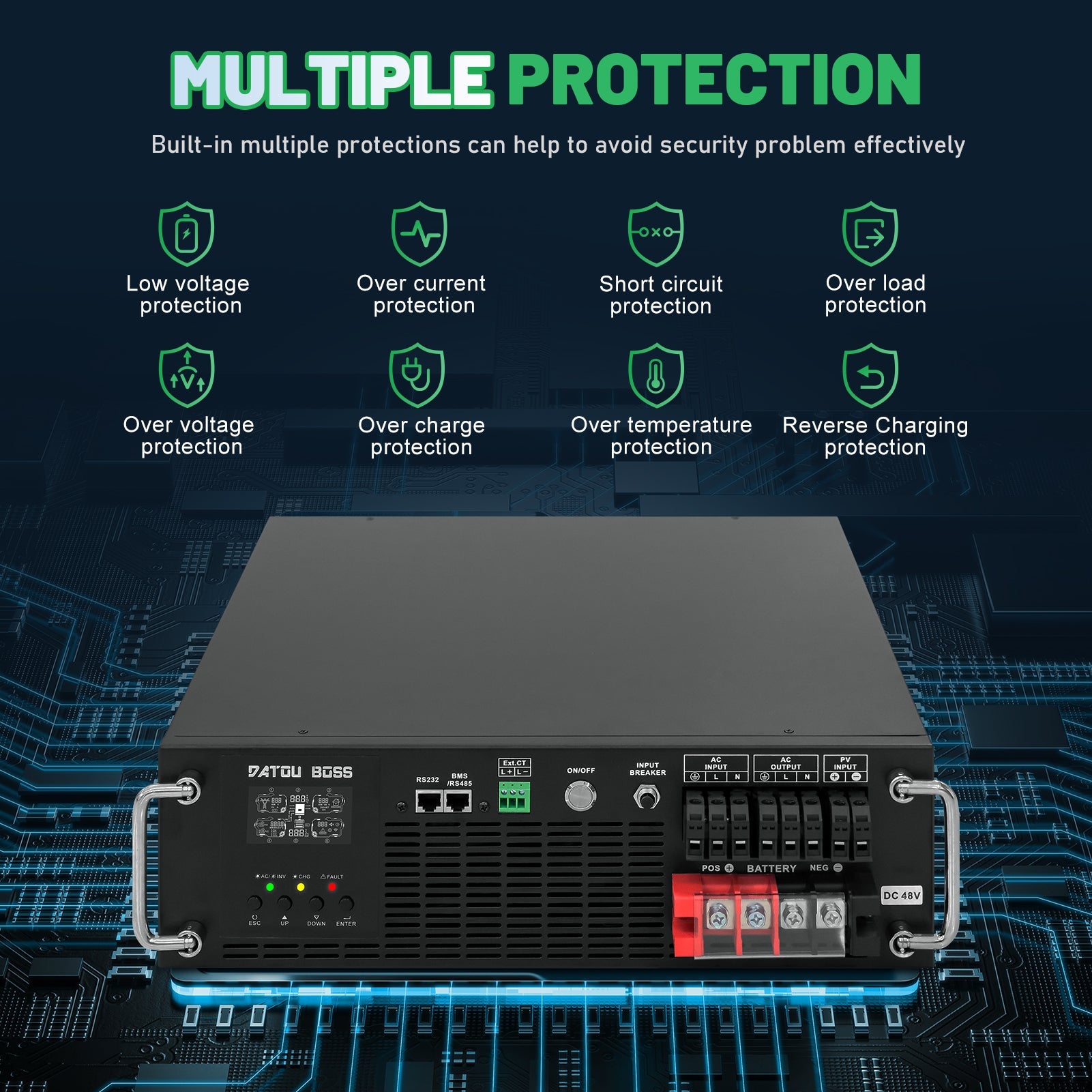DATOUBOSS 6200W Pure Sine Wave Solar Hybrid Inverter, 48VDC to 230VAC, 120A MPPT, 8500W PV Input, 3U Rack Mount, Built-in UPS Function, Battery-Free Operation, 27A PV Input, BMS Communication, Anti-Backflow Protection, Off-Grid & Grid-Connected Compatible - DATOUBOSS Rechargeable Lifepo4 Batteries Voltage Converters InverterSP-DT-3U-4862S-A-EU