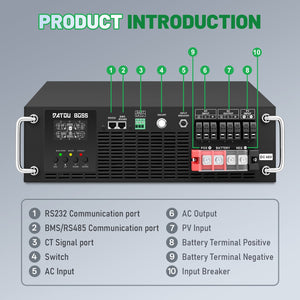 DATOUBOSS 6200W Pure Sine Wave Solar Hybrid Inverter, 48VDC to 230VAC, 120A MPPT, 8500W PV Input, 3U Rack Mount, Built-in UPS Function, Battery-Free Operation, 27A PV Input, BMS Communication, Anti-Backflow Protection, Off-Grid & Grid-Connected Compatible - DATOUBOSS Rechargeable Lifepo4 Batteries Voltage Converters InverterSP-DT-3U-4862S-A-EU