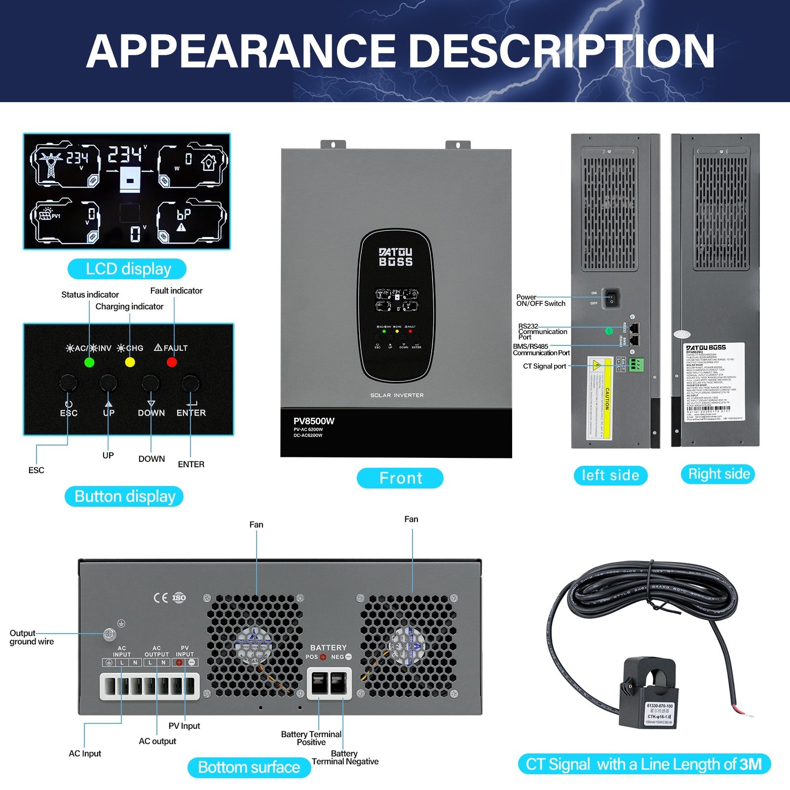 DATOUBOSS 6200W Solar Hybrid Inverter 48VDC to 230VAC, 120A MPPT, 8500W PV Input, Battery - Free Operation, BMS Protection, 27A PV Input, Lightning & Anti - Backflow Protection, Off - Grid & Grid - Connected Compatible (Compatible with WiFi 04) - DATOUBOSS Rechargeable Lifepo4 Batteries Voltage Converters InverterSP-DT-4862SQ-A-EU