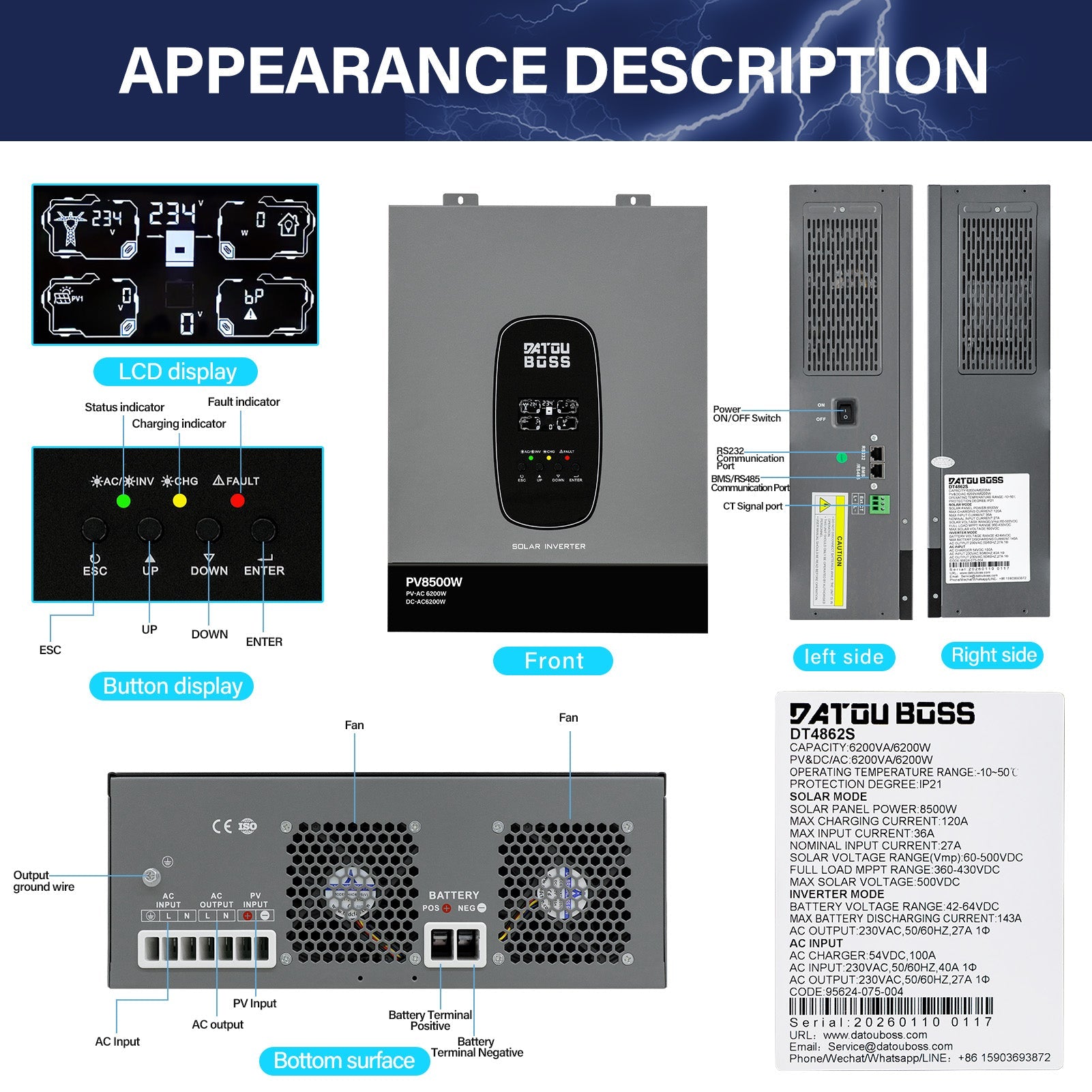 DATOUBOSS 6200W Solar Hybrid Inverter 48VDC to 230VAC, 120A MPPT, 8500W PV Input, Battery - Free Operation, BMS Protection, 27A PV Input, Lightning & Anti - Backflow Protection, Off - Grid & Grid - Connected Compatible(Compatible with WiFi 04) - DATOUBOSS Rechargeable Lifepo4 Batteries Voltage Converters InverterSP-DT-4862S-A-EU