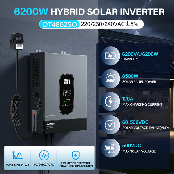 DATOUBOSS 6200W Solar Hybrid Inverter 48VDC to 230VAC, 120A MPPT, 8500W PV Input, Battery - Free Operation, BMS Protection, 27A PV Input, Lightning & Anti - Backflow Protection, Off - Grid & Grid - Connected Compatible (Compatible with WiFi 04) - DATOUBOSS Rechargeable Lifepo4 Batteries Voltage Converters InverterSP-DT-4862SQ-A-EU