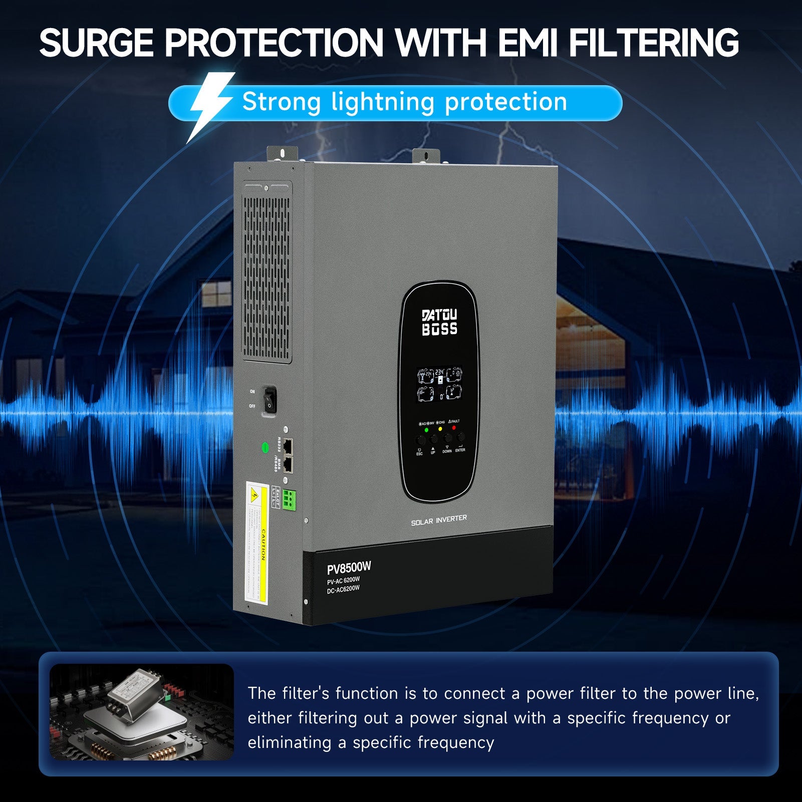 DATOUBOSS 6200W Solar Hybrid Inverter 48VDC to 230VAC, 120A MPPT, 8500W PV Input, Battery - Free Operation, BMS Protection, 27A PV Input, Lightning & Anti - Backflow Protection, Off - Grid & Grid - Connected Compatible(Compatible with WiFi 04) - DATOUBOSS Rechargeable Lifepo4 Batteries Voltage Converters InverterSP-DT-4862S-A-EU