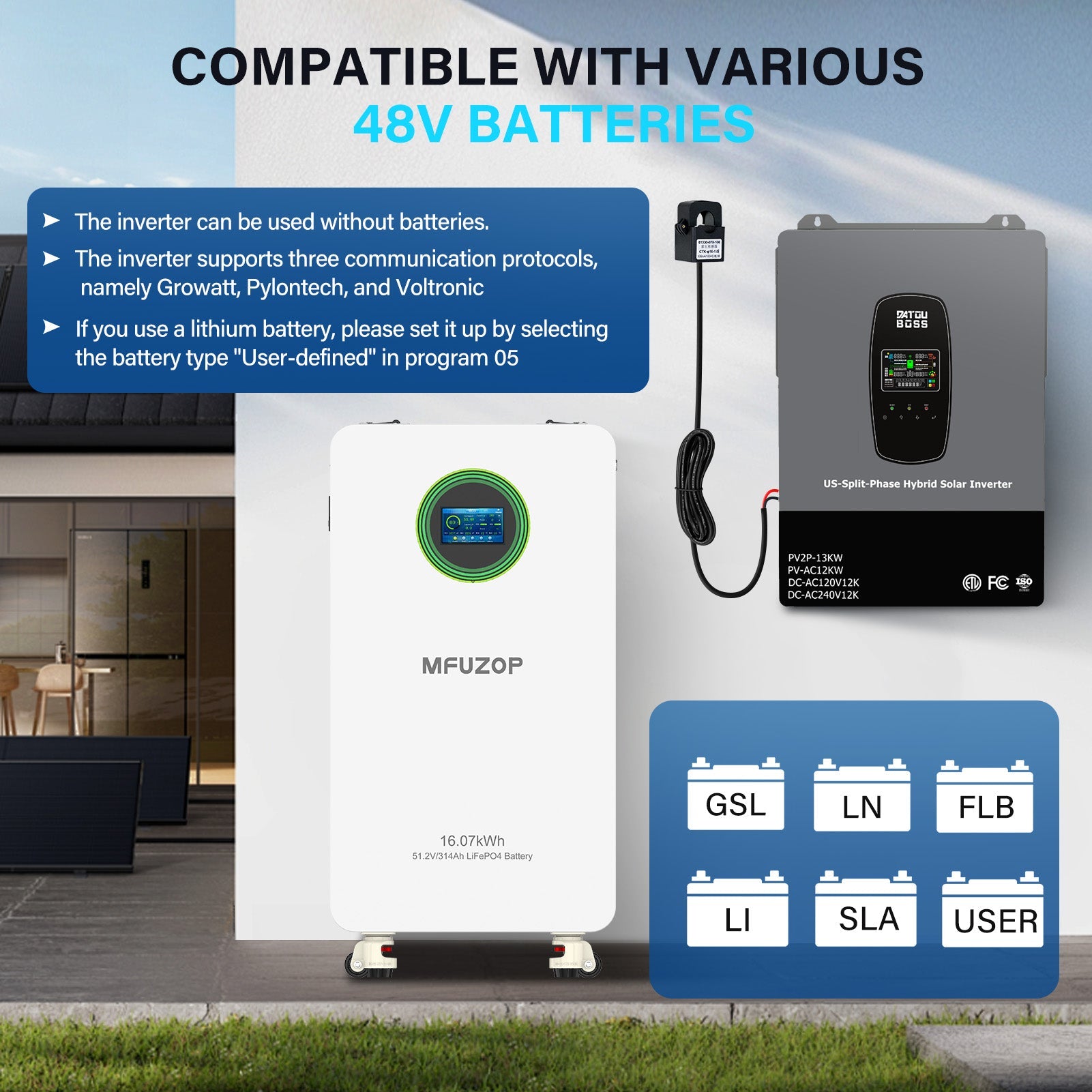 DATOUBOSS 6200W Solar Hybrid Inverter 48VDC to 230VAC, 120A MPPT, 8500W PV Input, Battery - Free Operation, BMS Protection, 27A PV Input, Lightning & Anti - Backflow Protection, Off - Grid & Grid - Connected Compatible (Compatible with WiFi 04) - DATOUBOSS Rechargeable Lifepo4 Batteries Voltage Converters InverterSP-DT-4862SQ-A-EU
