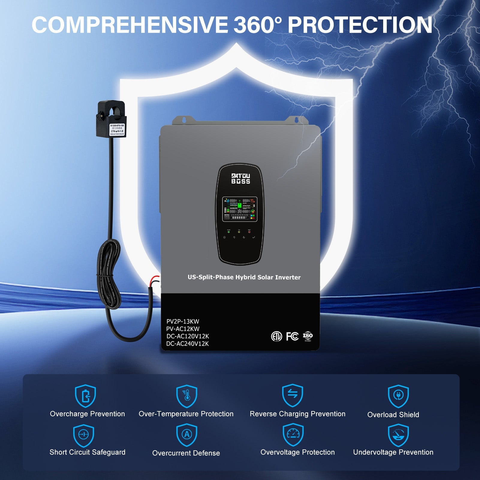 DATOUBOSS 6200W Solar Hybrid Inverter 48VDC to 230VAC, 120A MPPT, 8500W PV Input, Battery - Free Operation, BMS Protection, 27A PV Input, Lightning & Anti - Backflow Protection, Off - Grid & Grid - Connected Compatible (Compatible with WiFi 04) - DATOUBOSS Rechargeable Lifepo4 Batteries Voltage Converters InverterSP-DT-4862SQ-A-EU