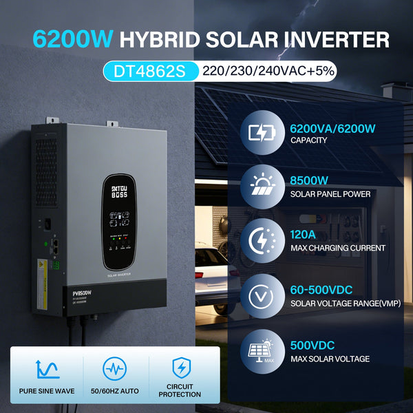 DATOUBOSS 6200W Solar Hybrid Inverter 48VDC to 230VAC, 120A MPPT, 8500W PV Input, Battery - Free Operation, BMS Protection, 27A PV Input, Lightning & Anti - Backflow Protection, Off - Grid & Grid - Connected Compatible(Compatible with WiFi 04) - DATOUBOSS Rechargeable Lifepo4 Batteries Voltage Converters InverterSP-DT-4862S-A-EU