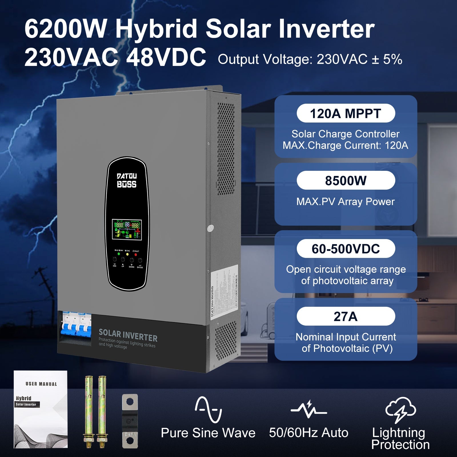 DATOUBOSS 6200W Solar Hybrid Inverter 48VDC to 230VAC, 120A MPPT, 8500W PV Input, BMS Protection, Battery - Free Operation, 27A PV Input, Lightning Protection - DATOUBOSS Rechargeable Lifepo4 Batteries Voltage Converters InverterSP-DT4862L-48V-A-UA