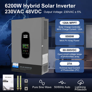 DATOUBOSS 6200W hybrid solar inverter 48VDC to 230VAC pure sine wave inverter with 120A MPPT