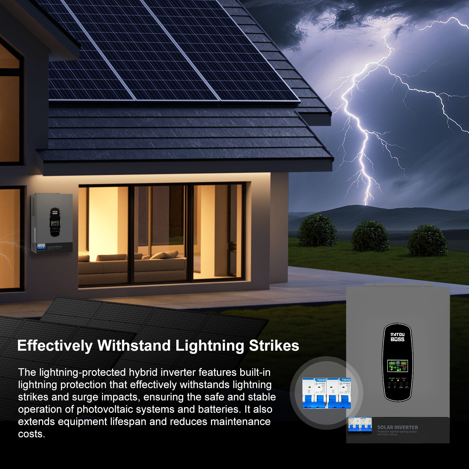DATOUBOSS residential hybrid solar inverter with lightning and surge protection for home PV system safety