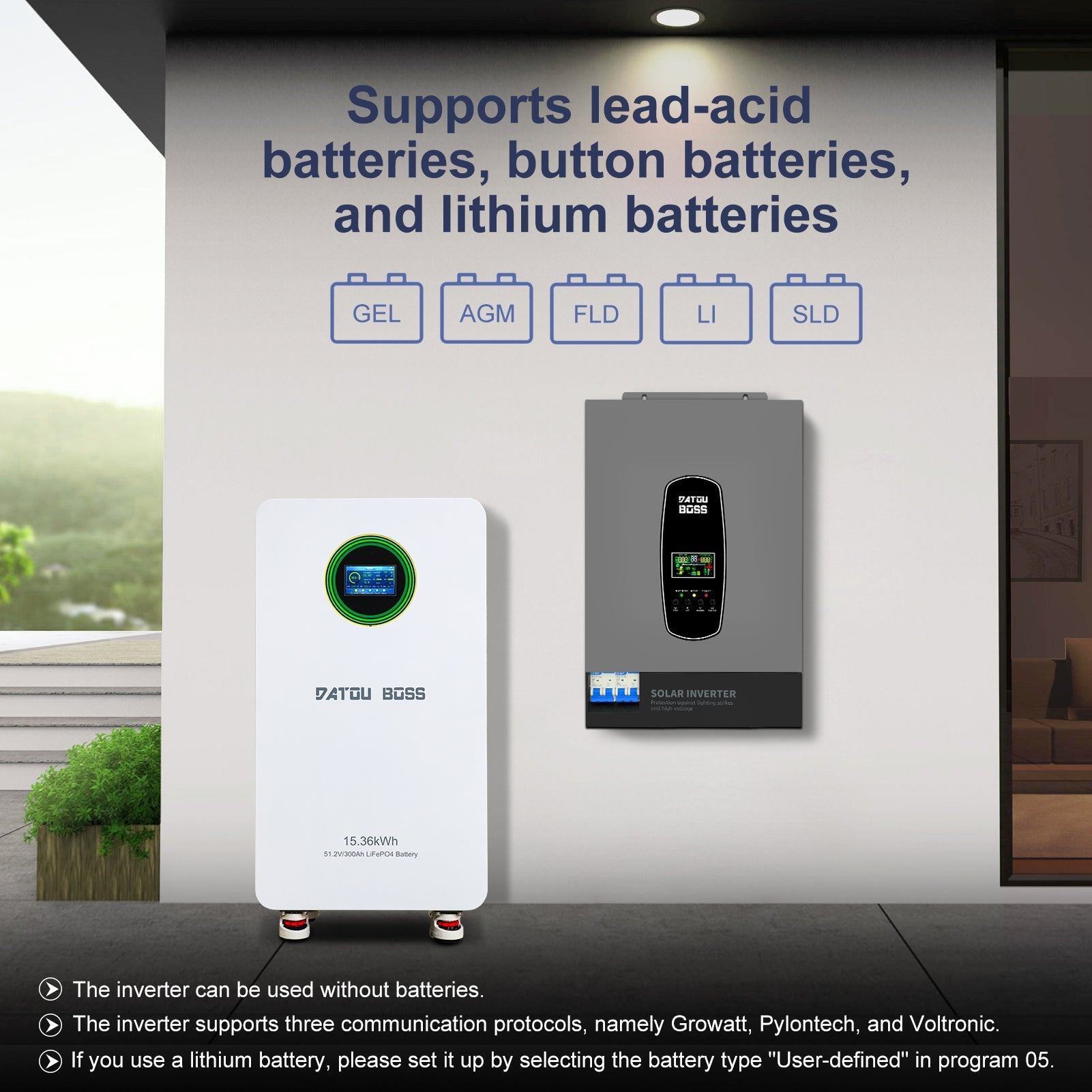 DATOUBOSS solar inverter compatible with 15.36kWh LiFePO4 battery supports lead acid gel lithium battery