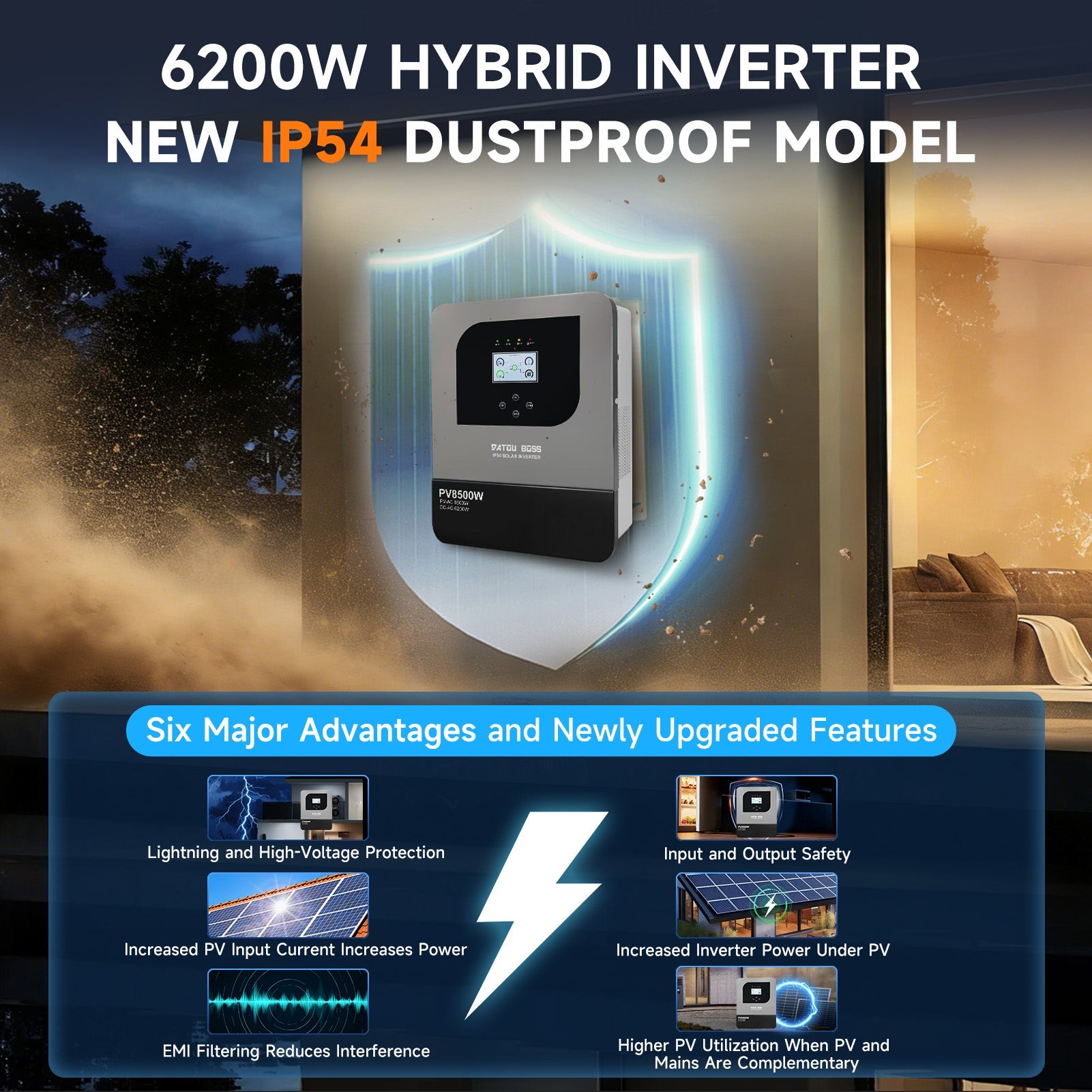 DATOUBOSS 6200W Solar Hybrid Inverter with IP54 dust & water protection, designed for durable indoor and semi - outdoor installation. 48V DC to 230V AC output, 120A MPPT, 8500W PV input, battery - free operation, BMS protection(Compatible with WiFi 04) - DATOUBOSS Rechargeable Lifepo4 Batteries Voltage Converters InverterSP-DT-4862BF-A-EU