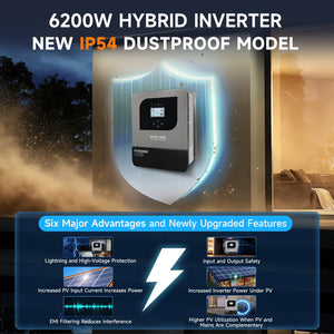DATOUBOSS 6200W Solar Hybrid Inverter with IP54 dust & water protection, designed for durable indoor and semi - outdoor installation. 48V DC to 230V AC output, 120A MPPT, 8500W PV input, battery - free operation, BMS protection(Compatible with WiFi 04) - DATOUBOSS Rechargeable Lifepo4 Batteries Voltage Converters InverterSP-DT-4862BF-A-EU