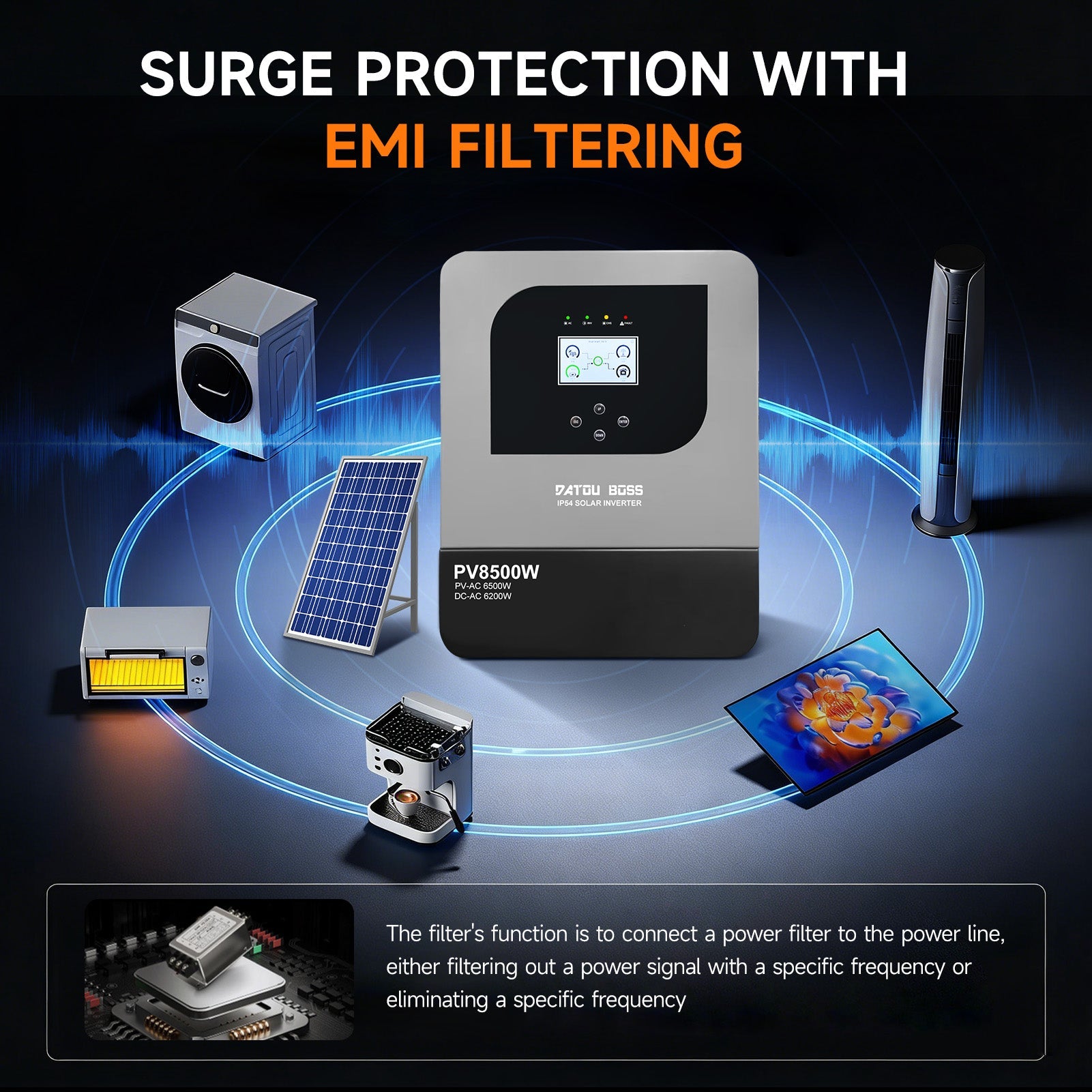 DATOUBOSS 6200W Solar Hybrid Inverter with IP54 dust & water protection, designed for durable indoor and semi - outdoor installation. 48V DC to 230V AC output, 120A MPPT, 8500W PV input, battery - free operation, BMS protection(Compatible with WiFi 04) - DATOUBOSS Rechargeable Lifepo4 Batteries Voltage Converters InverterSP-DT-4862BF-A-EU