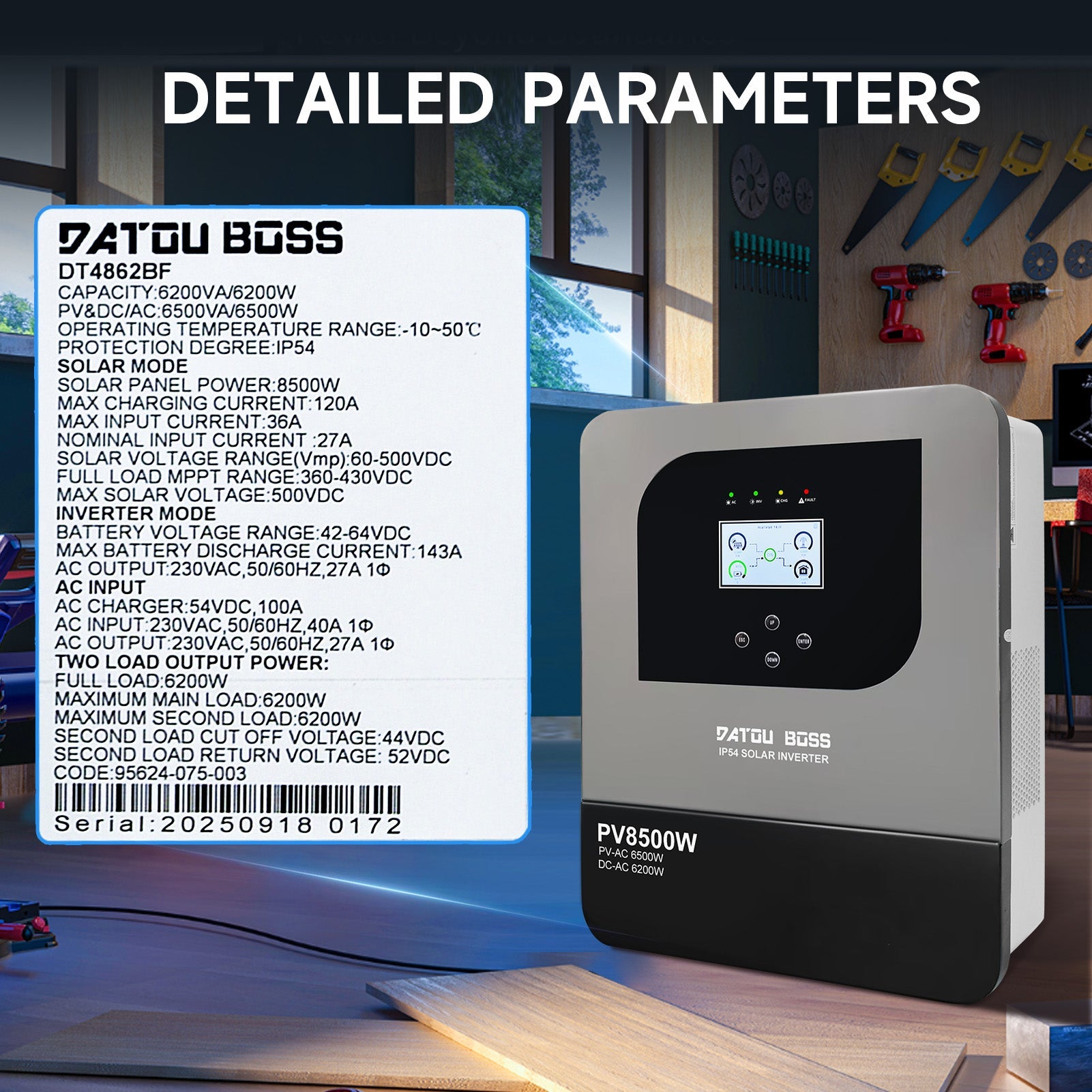 DATOUBOSS 6200W Solar Hybrid Inverter with IP54 dust & water protection, designed for durable indoor and semi - outdoor installation. 48V DC to 230V AC output, 120A MPPT, 8500W PV input, battery - free operation, BMS protection(Compatible with WiFi 04) - DATOUBOSS Rechargeable Lifepo4 Batteries Voltage Converters InverterSP-DT-4862BF-A-EU