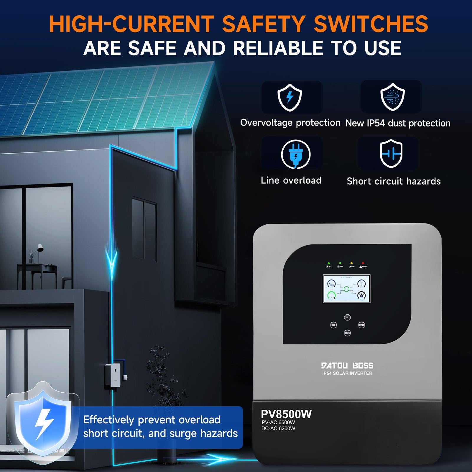 DATOUBOSS 6200W Solar Hybrid Inverter with IP54 dust & water protection, designed for durable indoor and semi - outdoor installation. 48V DC to 230V AC output, 120A MPPT, 8500W PV input, battery - free operation, BMS protection(Compatible with WiFi 04) - DATOUBOSS Rechargeable Lifepo4 Batteries Voltage Converters InverterSP-DT-4862BF-A-EU