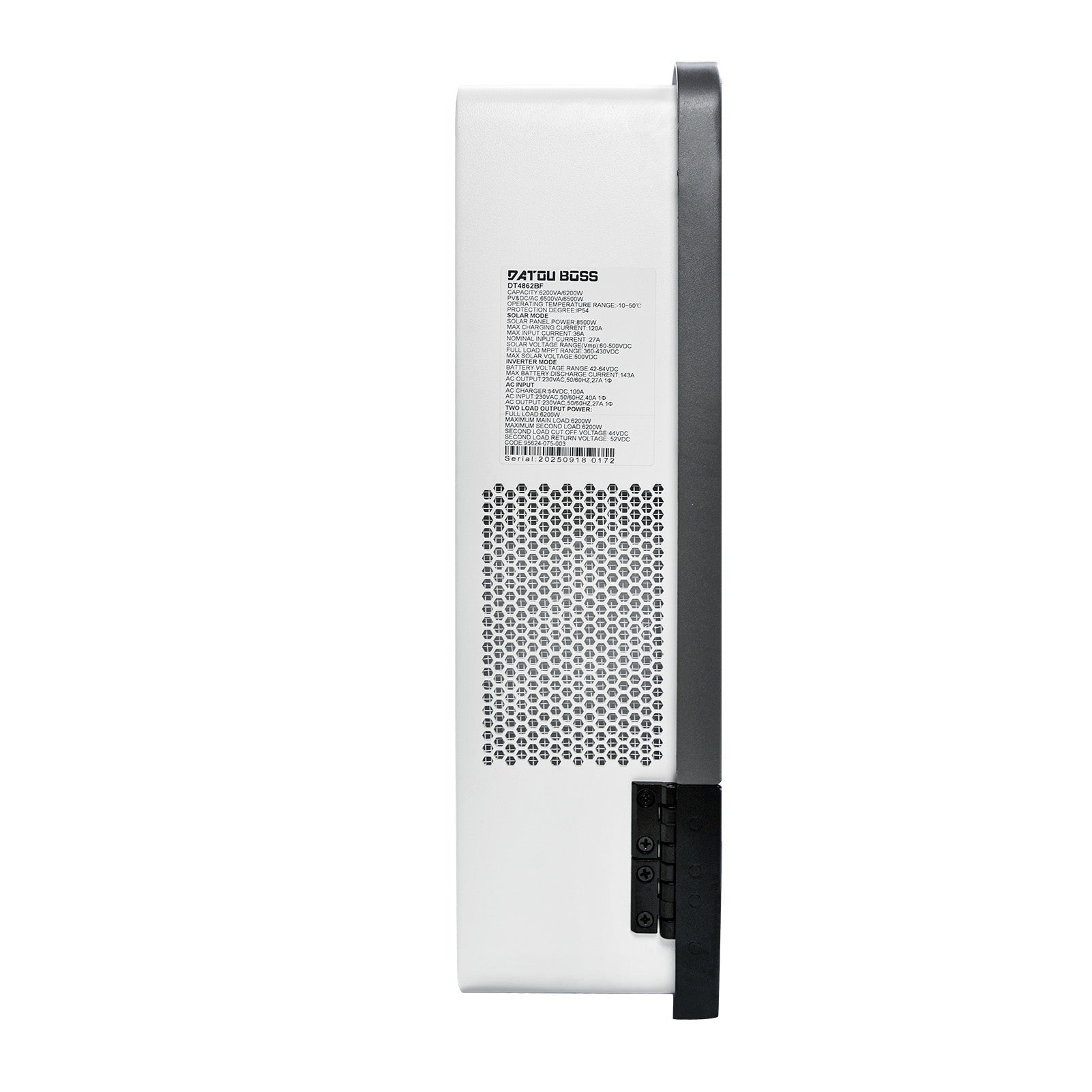 DATOUBOSS 6200W Solar Hybrid Inverter with IP54 dust & water protection, designed for durable indoor and semi - outdoor installation. 48V DC to 230V AC output, 120A MPPT, 8500W PV input, battery - free operation, BMS protection(Compatible with WiFi 04) - DATOUBOSS Rechargeable Lifepo4 Batteries Voltage Converters InverterSP-DT-4862BF-A-EU