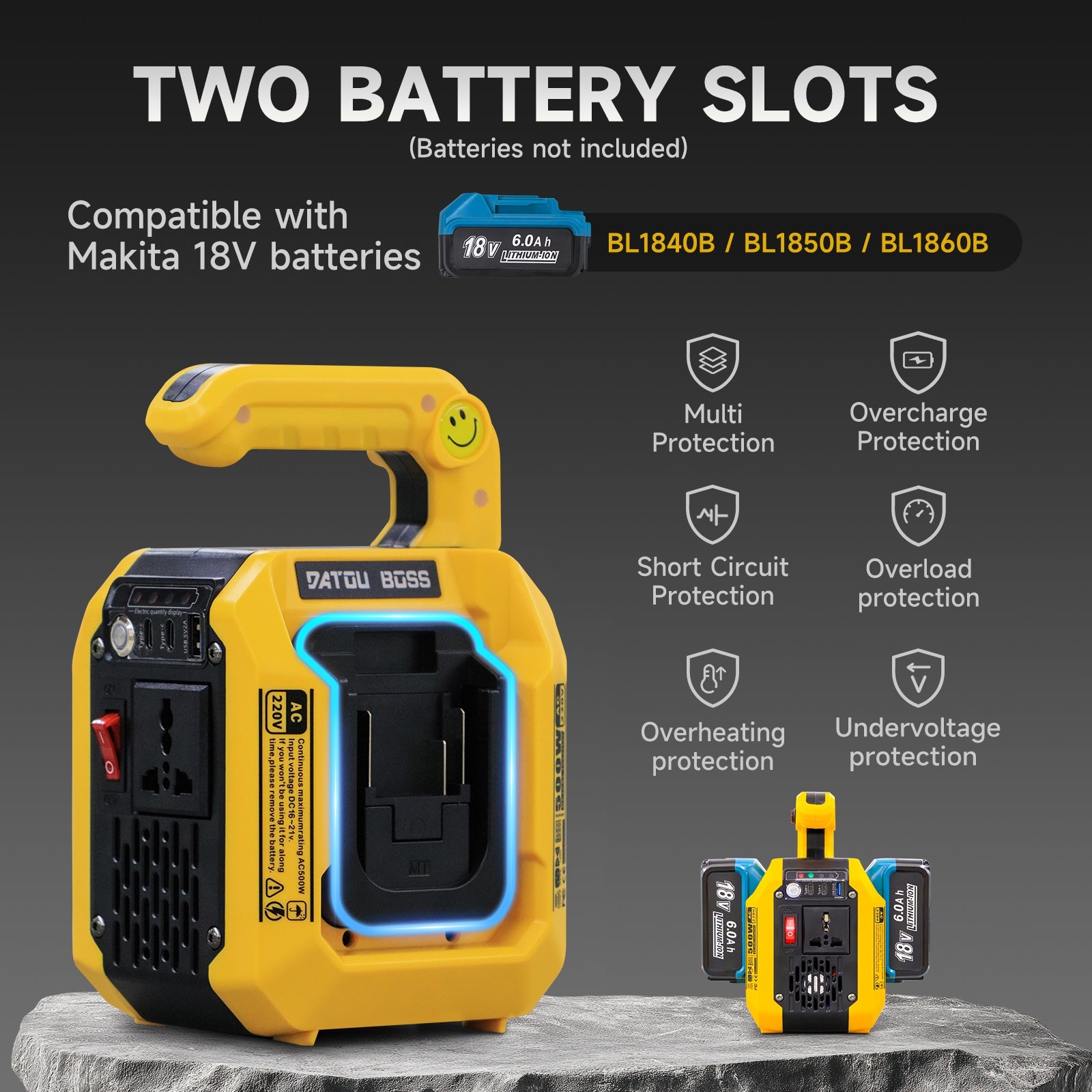 DATOUBOSS Dual Large - Capacity Battery Slots 500W Inverter, Supports 10000mAh+ Any Capacity Lithium Batteries, Dual Slot 8 - 15 Hours Runtime! Dual Type - C 18W×2 + USB 5V2A + Swappable UK AC Outlet, with 500lm Floodlight（Battery pack not included） - DATOUBOSS Rechargeable Lifepo4 Batteries Voltage Converters InverterSP-B25-DT-DAC500W-A-EU