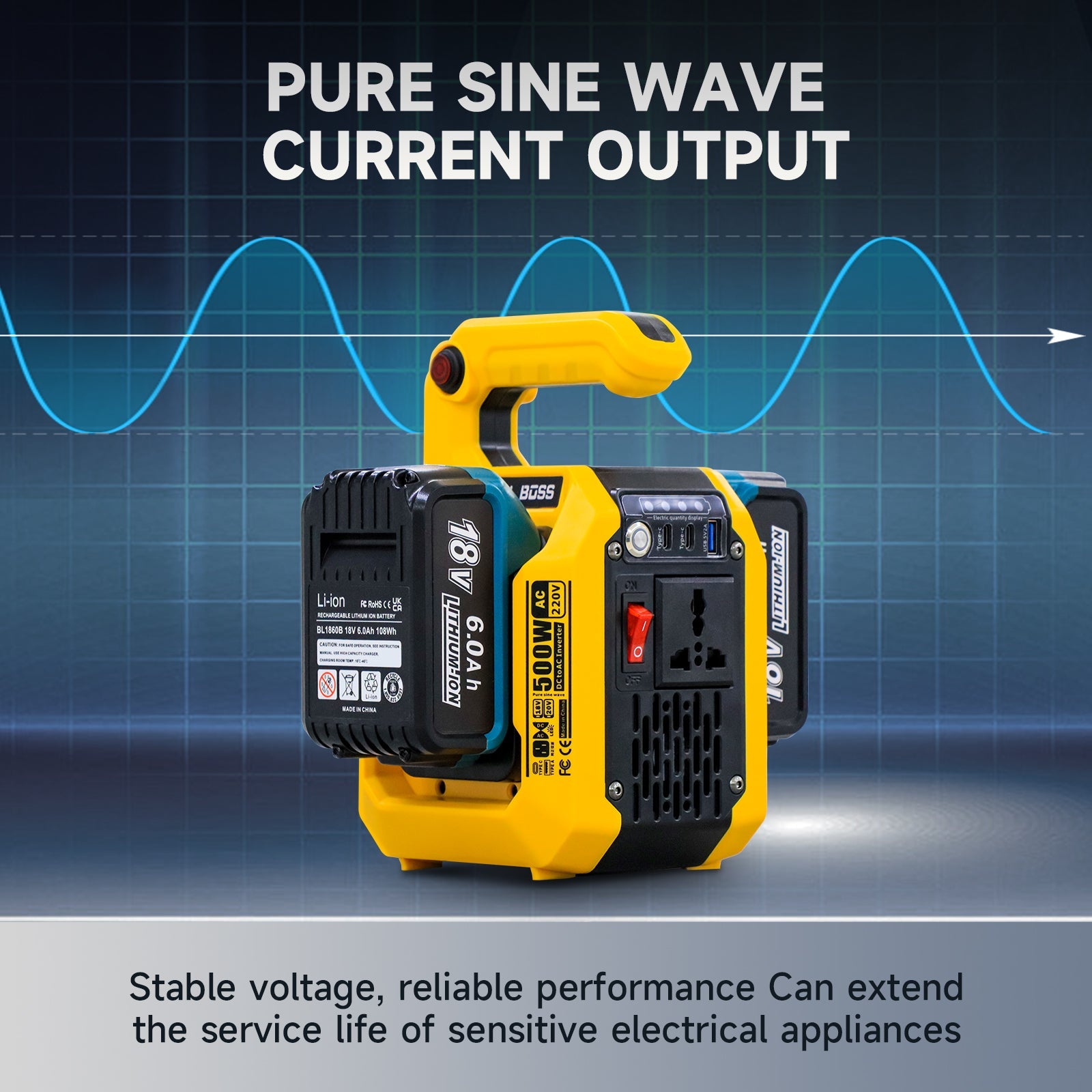 DATOUBOSS Dual Large - Capacity Battery Slots 500W Inverter, Supports 10000mAh+ Any Capacity Lithium Batteries, Dual Slot 8 - 15 Hours Runtime! Dual Type - C 18W×2 + USB 5V2A + Swappable UK AC Outlet, with 500lm Floodlight（Battery pack not included） - DATOUBOSS Rechargeable Lifepo4 Batteries Voltage Converters InverterSP-B25-DT-DAC500W-A-EU