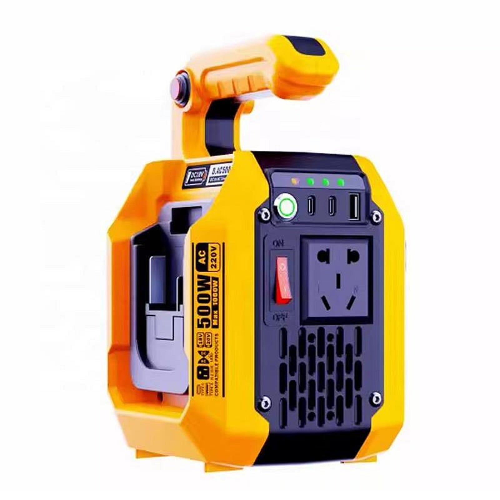 DATOUBOSS Dual Large - Capacity Battery Slots 500W Inverter, Supports 10000mAh+ Any Capacity Lithium Batteries, Dual Slot 8 - 15 Hours Runtime! Dual Type - C 18W×2 + USB 5V2A + Swappable UK AC Outlet, with 500lm Floodlight（Battery pack not included） - DATOUBOSS Rechargeable Lifepo4 Batteries Voltage Converters InverterSP-B25-DT-DAC500W-A-EU