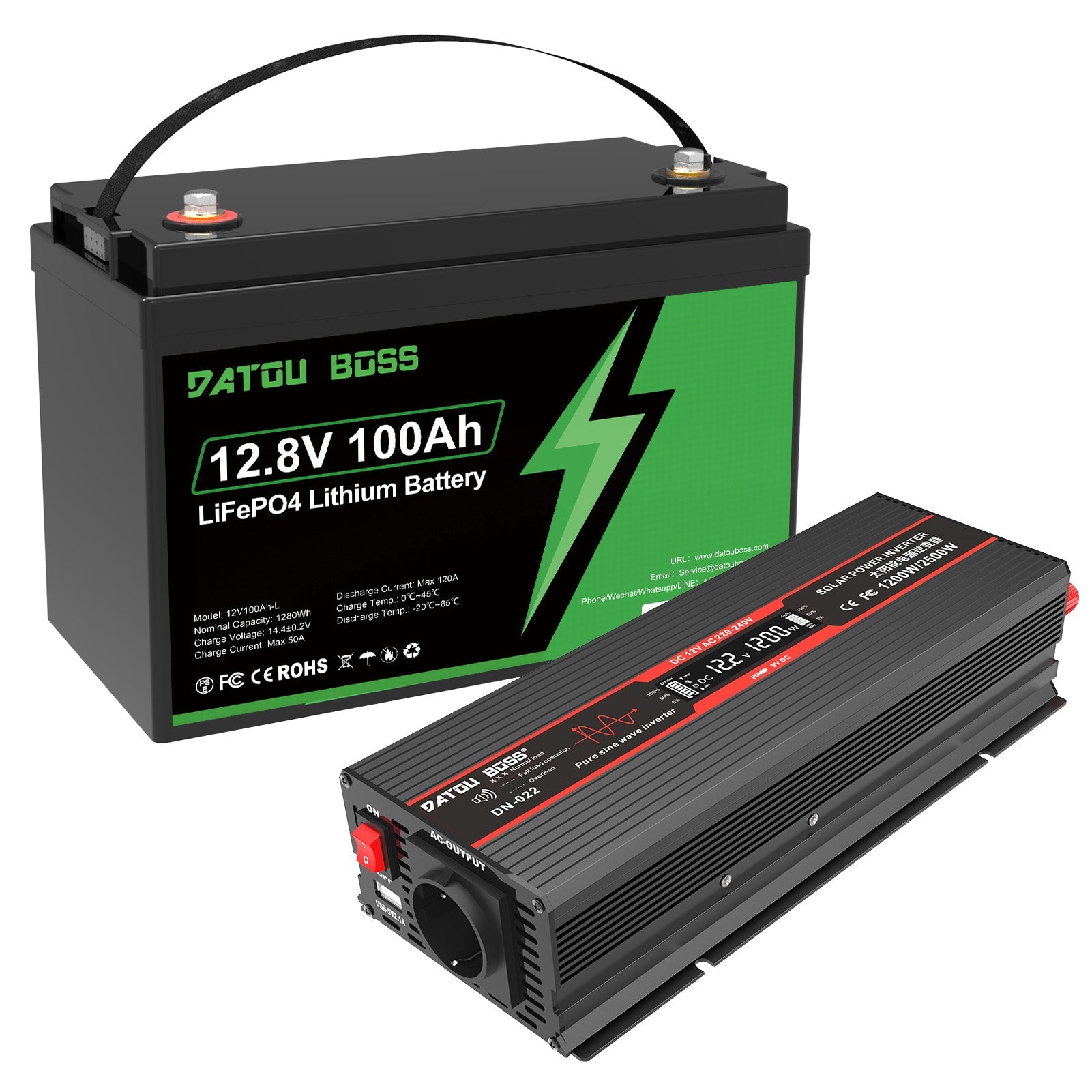 DATOUBOSS 12.8V 100Ah LiFePO4 battery and 1200W pure sine wave inverter, all-in-one off-grid power kit