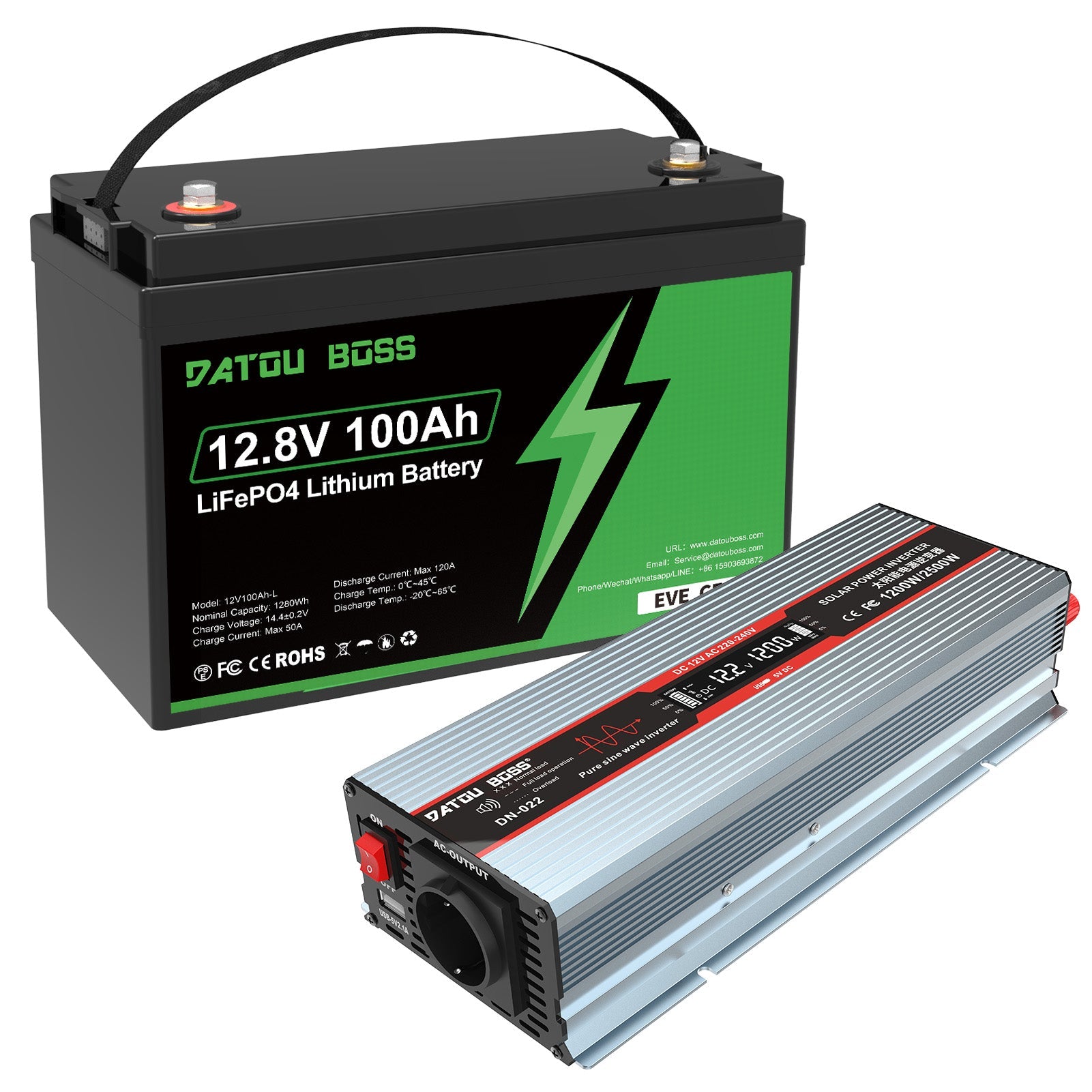 DATOUBOSS 12.8V 100Ah LiFePO4 battery and silver 1200W pure sine wave inverter kit, efficient off-grid power system