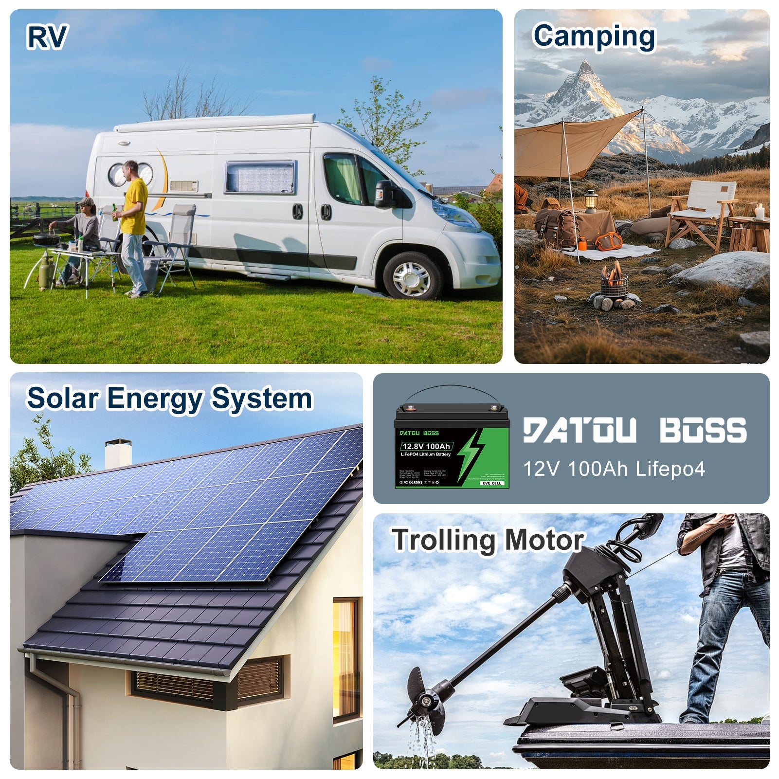 DATOUBOSS EVE Cells 12V 100Ah LiFePO4 Battery with 100A BMS, 4000+ Deep Cycles + 12V15A - 24V8A Smart Battery Charger (EU Standard) for RV & Solar System - DATOUBOSS Rechargeable Lifepo4 Batteries Voltage Converters InverterSP-DT-12V100A-G21508-L01-EU