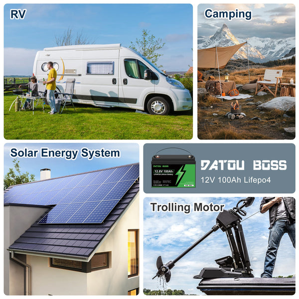 DATOUBOSS 12V 100Ah LiFePO4 battery applications: RV, camping, home solar energy system, and trolling motor