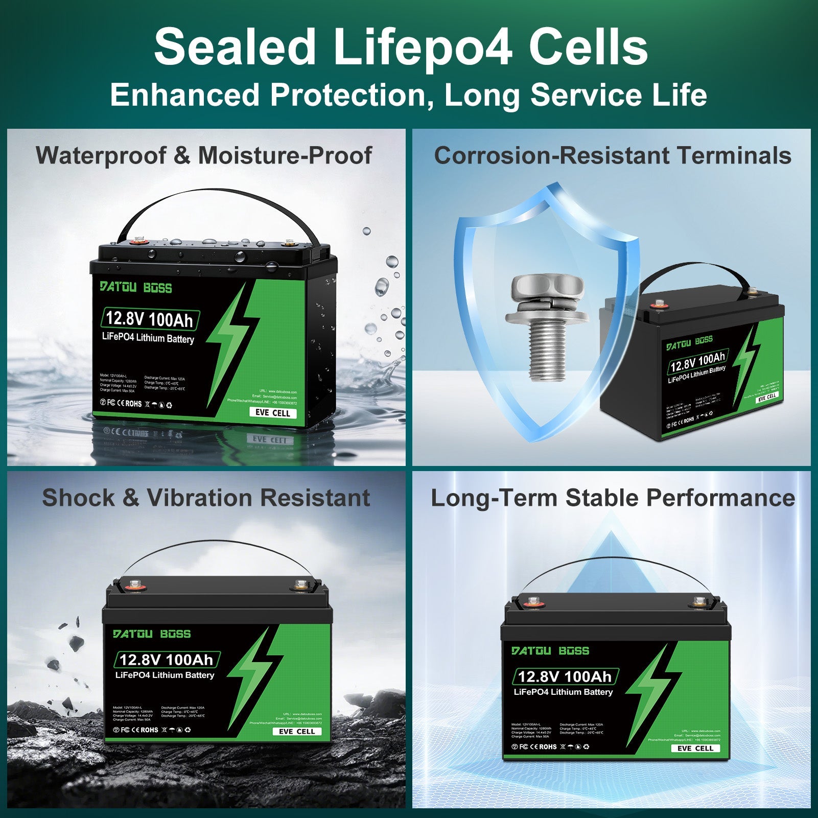 DATOUBOSS 12.8V 100Ah LiFePO4 battery featuring waterproof, shock-resistant, and corrosion-resistant terminals