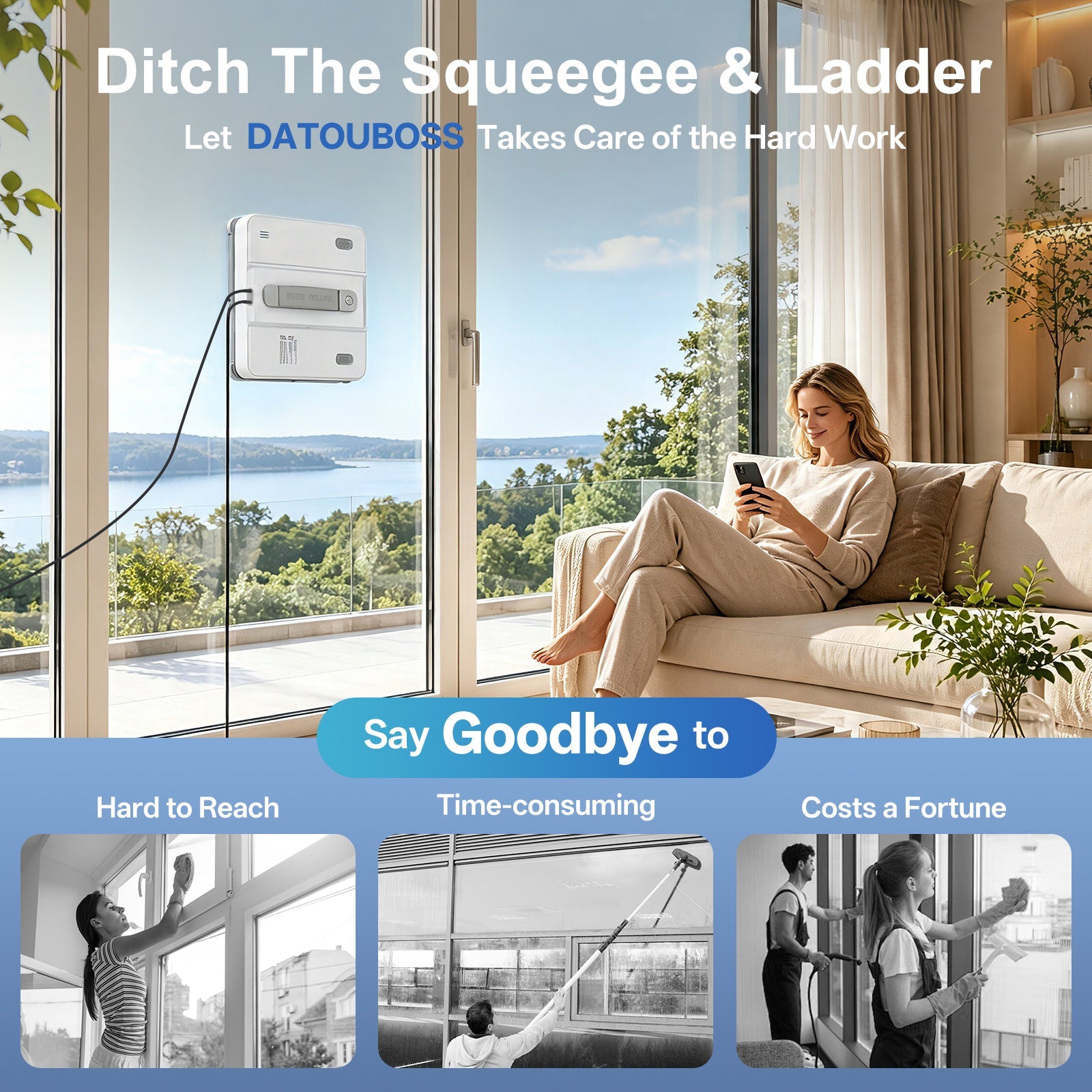 DATOUBOSS Smart Window Cleaning Robot with App & Remote Control, 200ml Water Tank, Powerful Suction, AI Navigation, Ultrasonic Dual Spray System for Glass, Mirrors & Tiles - DATOUBOSSSP-B29-DT-W54D-A-EU