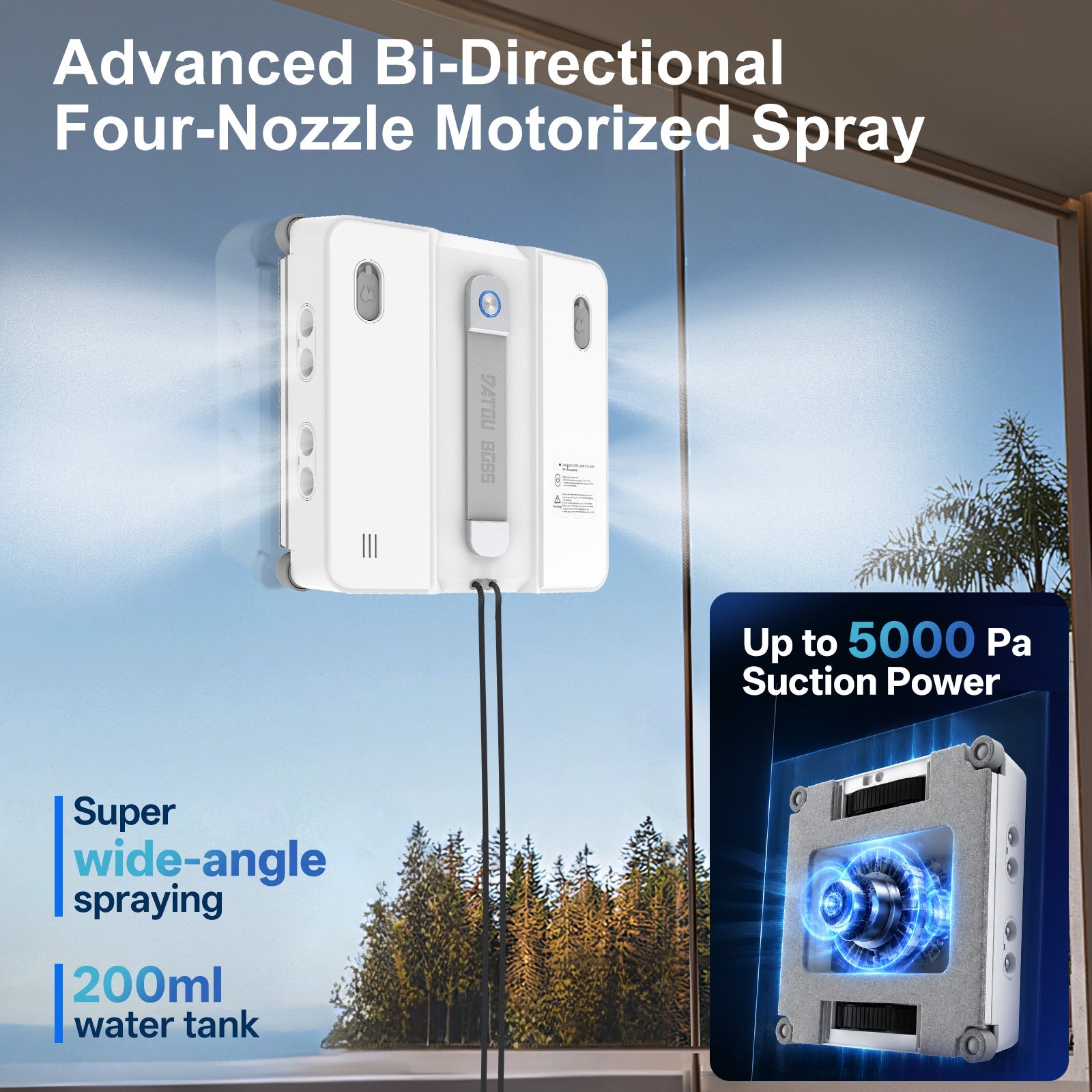 DATOUBOSS Smart Window Cleaning Robot with App & Remote Control, 200ml Water Tank, Powerful Suction, AI Navigation, Ultrasonic Dual Spray System for Glass, Mirrors & Tiles - DATOUBOSSSP-B29-DT-W54D-A-EU