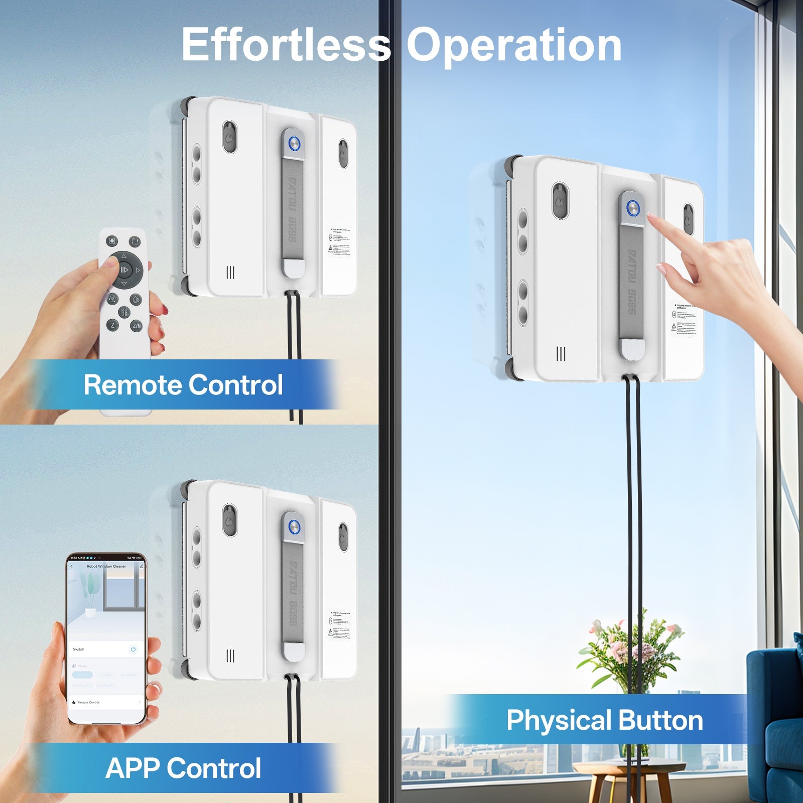 DATOUBOSS Smart Window Cleaning Robot with App & Remote Control, 200ml Water Tank, Powerful Suction, AI Navigation, Ultrasonic Dual Spray System for Glass, Mirrors & Tiles - DATOUBOSSSP-B29-DT-W54D-A-EU