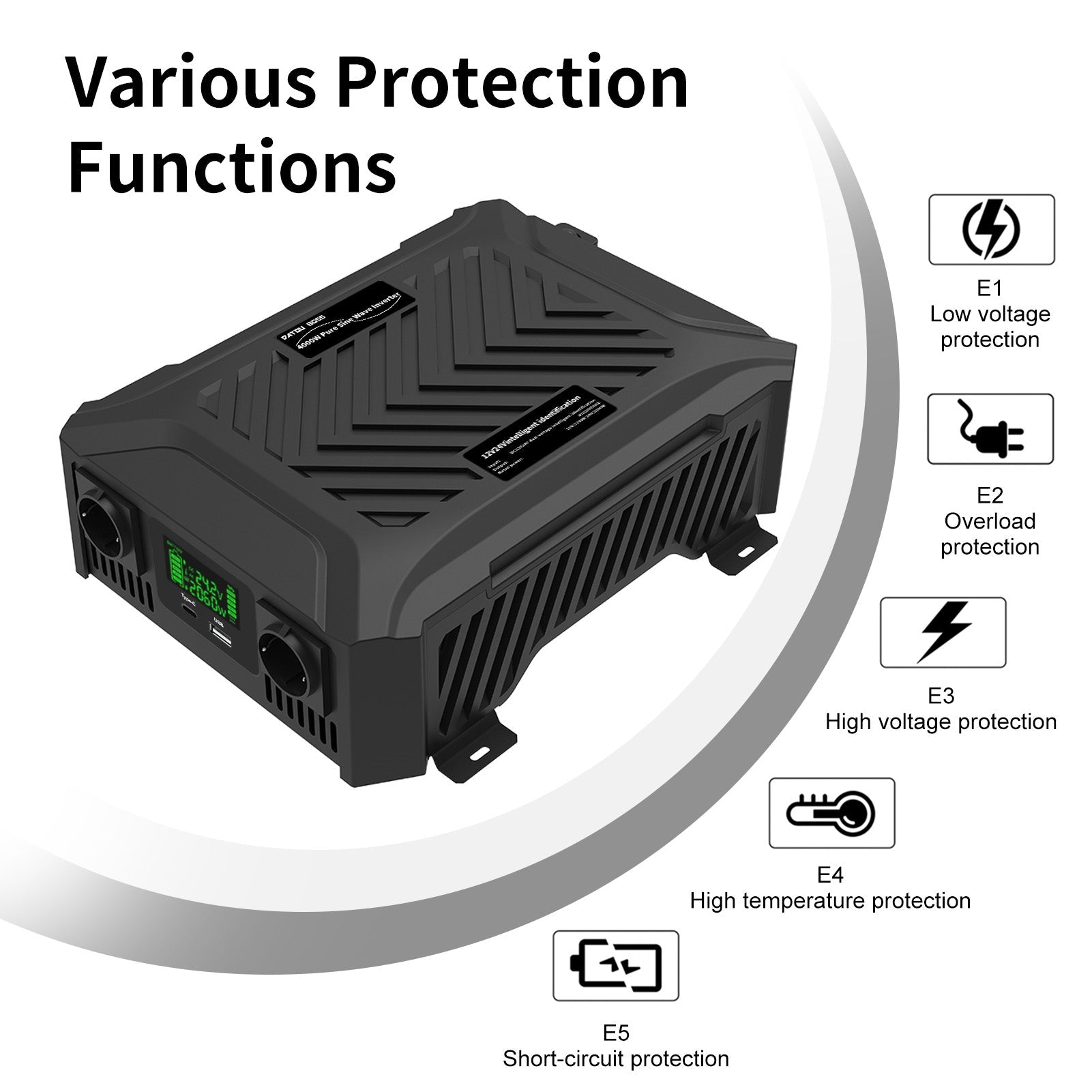 DATOUBOSS Universal Double Voltage Converter 1200W/2000W Pure Sine Wave Inverter, 12V/24V to 230V AC Voltage Converter, Peak Power 2300W/4000W Peak Power, with Intelligent Detection System & LCD Display & 2 EU Socket - DATOUBOSS Rechargeable Lifepo4 Batteries Voltage Converters InverterSP-DT-TY-PSW4000W-A-EU
