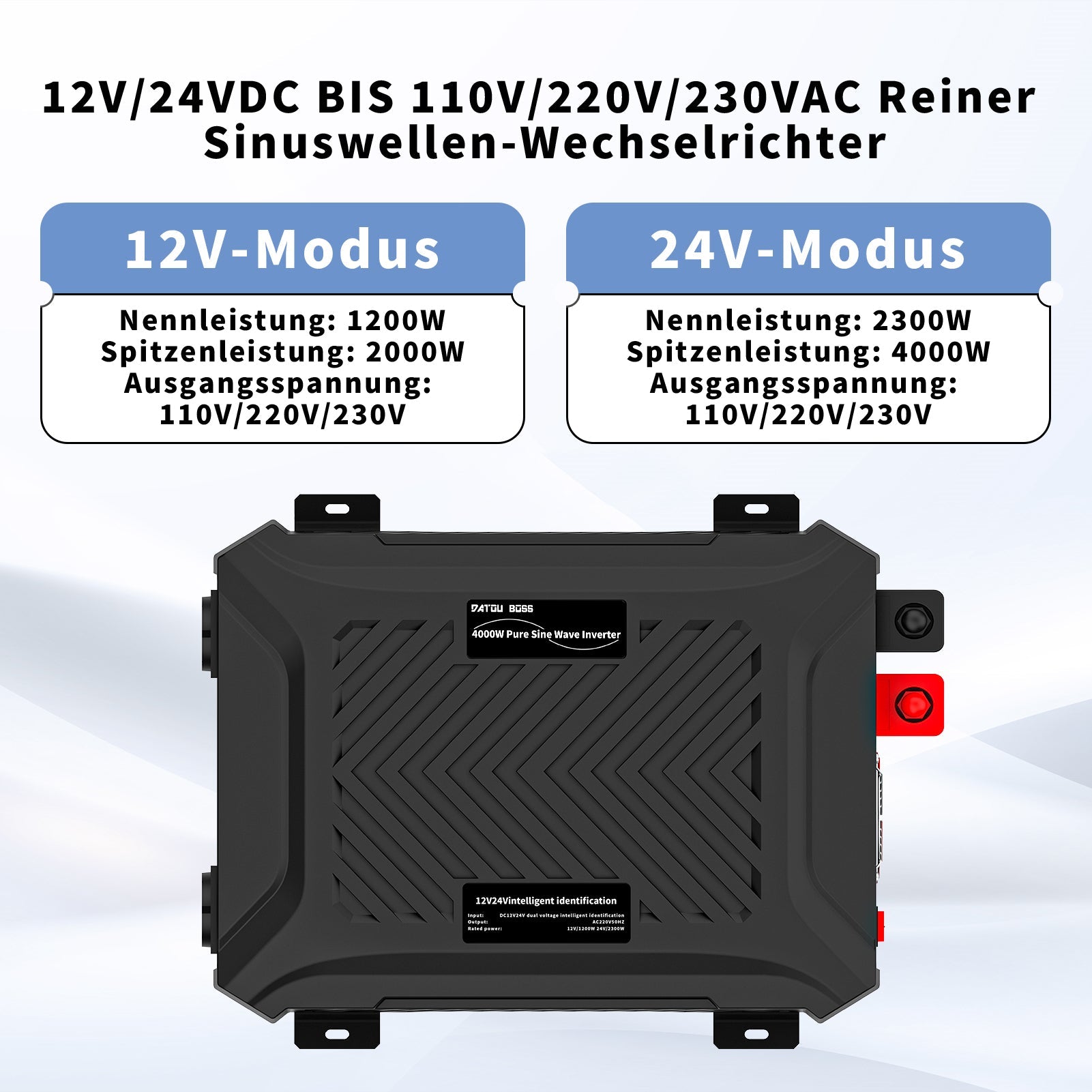 DATOUBOSS Universal Double Voltage Converter 1200W/2000W Pure Sine Wave Inverter, 12V/24V to 230V AC Voltage Converter, Peak Power 2300W/4000W Peak Power, with Intelligent Detection System & LCD Display & 2 EU Socket - DATOUBOSS Rechargeable Lifepo4 Batteries Voltage Converters InverterSP-DT-TY-PSW4000W-A-EU