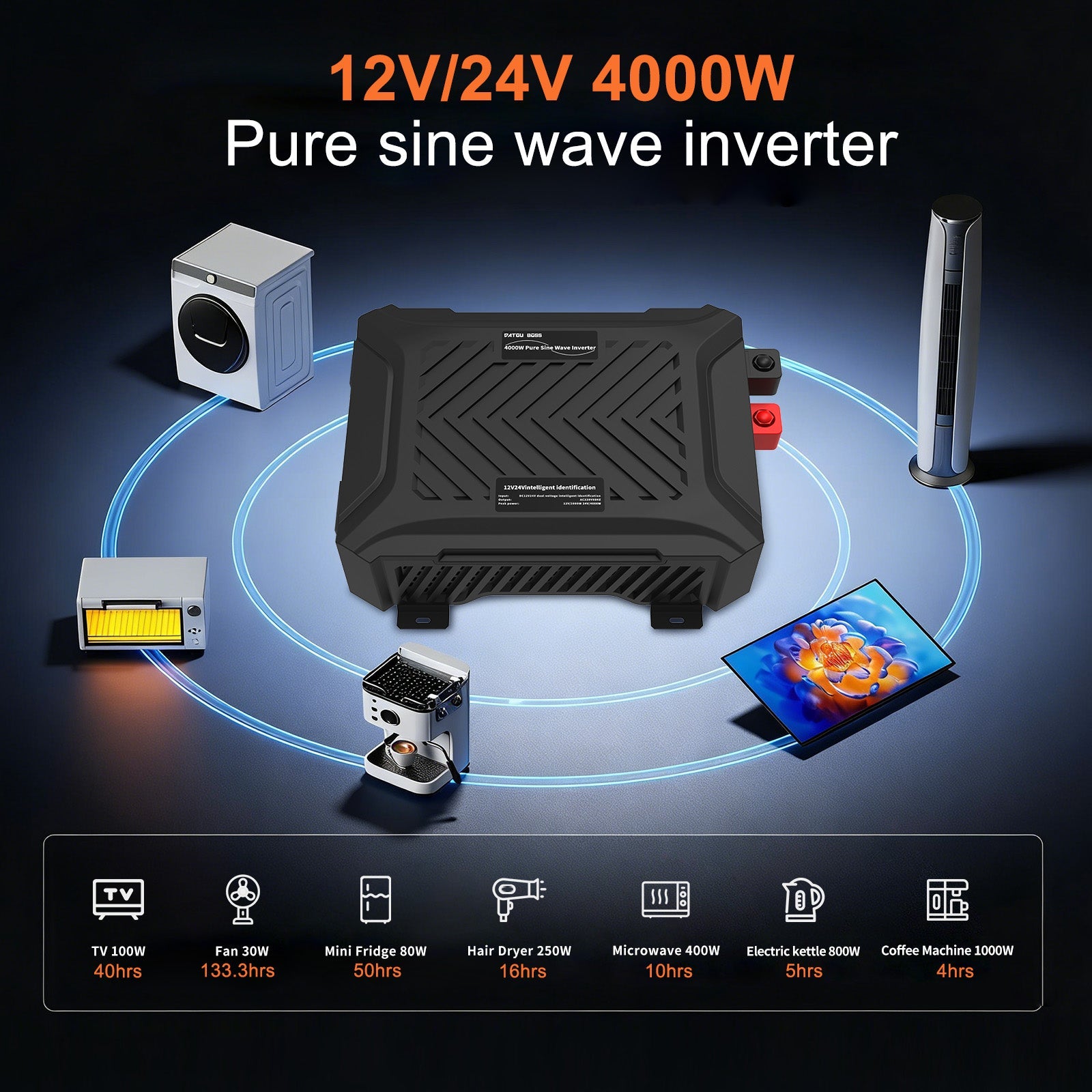 DATOUBOSS Universal Double Voltage Converter 1200W/2000W Pure Sine Wave Inverter, 12V/24V to 230V AC Voltage Converter, Peak Power 2300W/4000W Peak Power, with Intelligent Detection System & LCD Display & 2 EU Socket - DATOUBOSS Rechargeable Lifepo4 Batteries Voltage Converters InverterSP-DT-TY-PSW4000W-A-EU