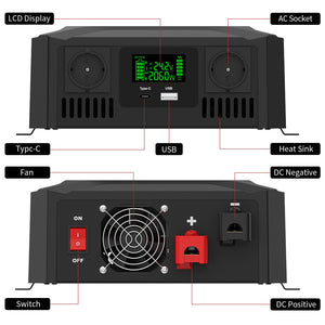 DATOUBOSS Universal Double Voltage Converter 1200W/2000W Pure Sine Wave Inverter, 12V/24V to 230V AC Voltage Converter, Peak Power 2300W/4000W Peak Power, with Intelligent Detection System & LCD Display & 2 EU Socket - DATOUBOSS Rechargeable Lifepo4 Batteries Voltage Converters InverterSP-DT-TY-PSW4000W-A-EU