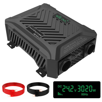 DATOUBOSS Convertidor Universal de Doble Voltaje Inversor de Onda Sinusoidal Pura de 1500W/3000W, Convertidor de Voltaje de CA de 12V/24V a 230V, Potencia Máxima de 3000W/6000W, con Sistema de Detección Inteligente & Pantalla LCD & 2 Enchufe UE