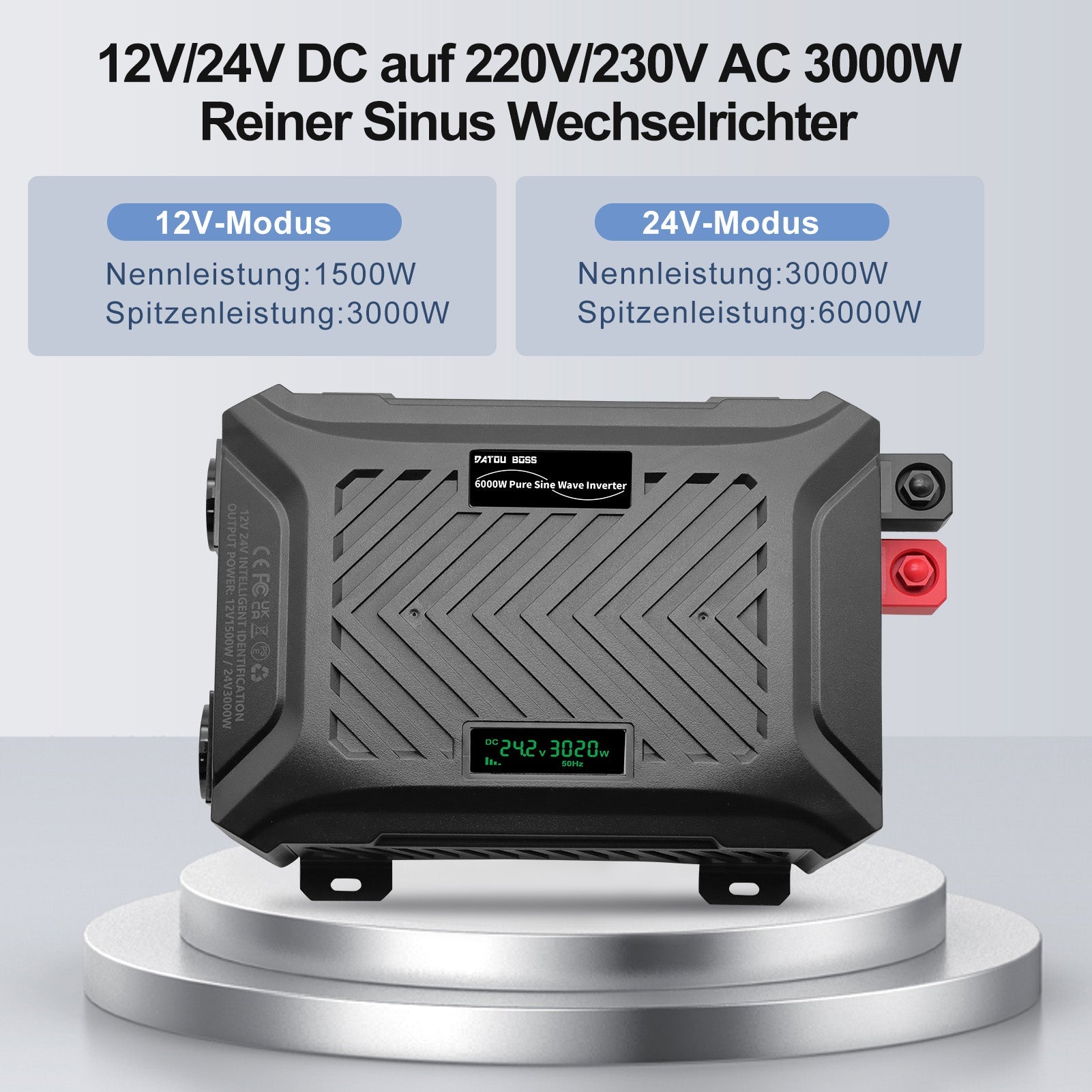 DATOUBOSS Universal Double Voltage Converter 1500W/3000W Pure Sine Wave Inverter, 12V/24V to 230V AC Voltage Converter, Peak Power 3000W/6000W Peak Power, with Intelligent Detection System & LCD Display & 2 EU Socket - DATOUBOSS Rechargeable Lifepo4 Batteries Voltage Converters InverterSP-DT-TY-PSW6000W-A-UK