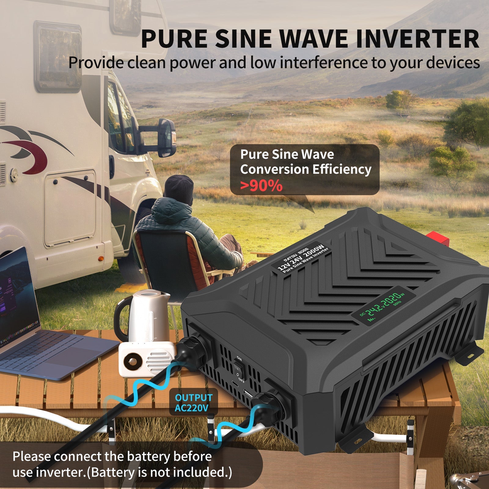 DATOUBOSS Universal Double Voltage Converter 2000W Pure Sine Wave Inverter, 12V/24V to 230V AC Voltage Converter, Peak Power 4000W Peak Power, with Intelligent Detection System & LCD Display & 2 EU Socket - DATOUBOSS Rechargeable Lifepo4 Batteries Voltage Converters InverterSP-DT-TY-PSWE2000W-A-UK