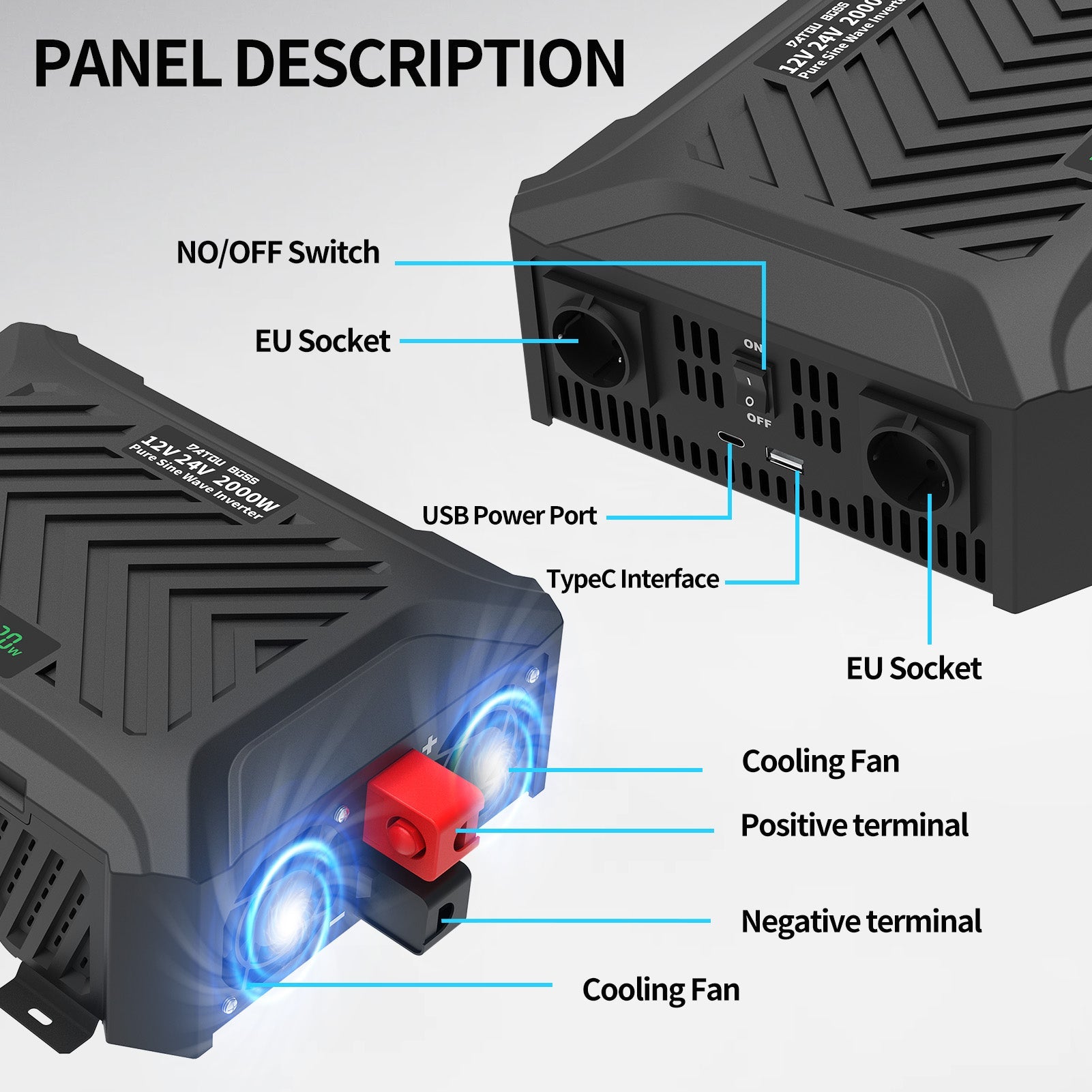 DATOUBOSS Universal Double Voltage Converter 2000W Pure Sine Wave Inverter, 12V/24V to 230V AC Voltage Converter, Peak Power 4000W Peak Power, with Intelligent Detection System & LCD Display & 2 EU Socket - DATOUBOSS Rechargeable Lifepo4 Batteries Voltage Converters InverterSP-DT-TY-PSWE2000W-A-UK